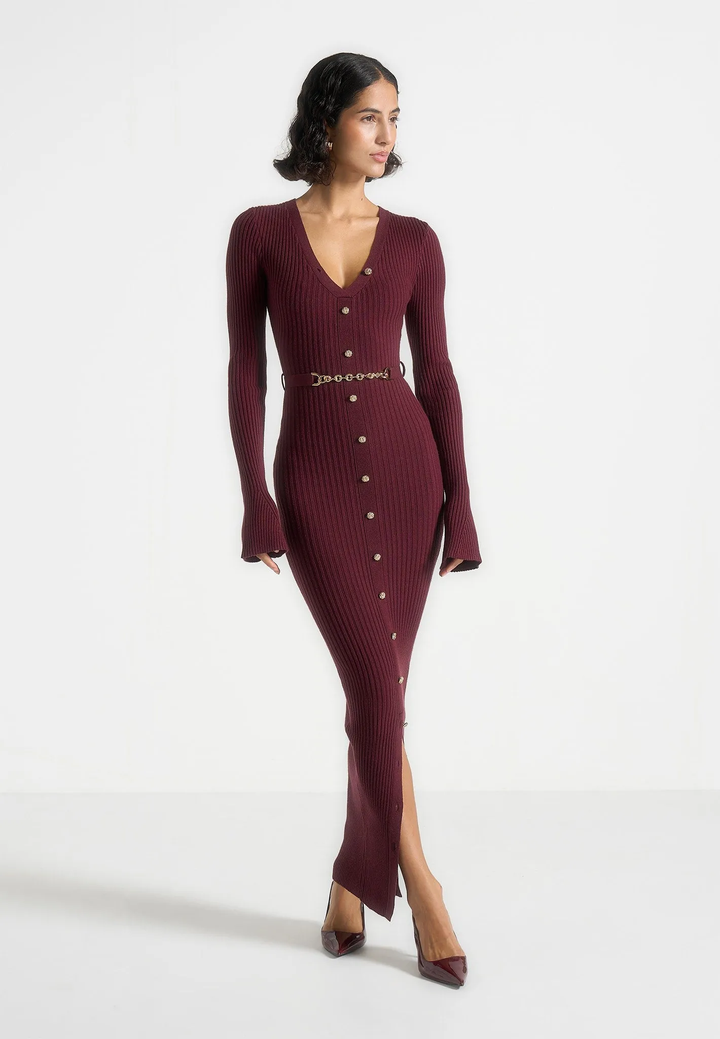 Classic Grace Assia - Long Sleeve Knitted Midaxi Dress With Belt - Wine Red