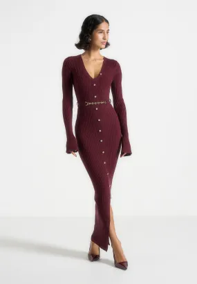 Classic Grace Assia - Long Sleeve Knitted Midaxi Dress With Belt - Wine Red