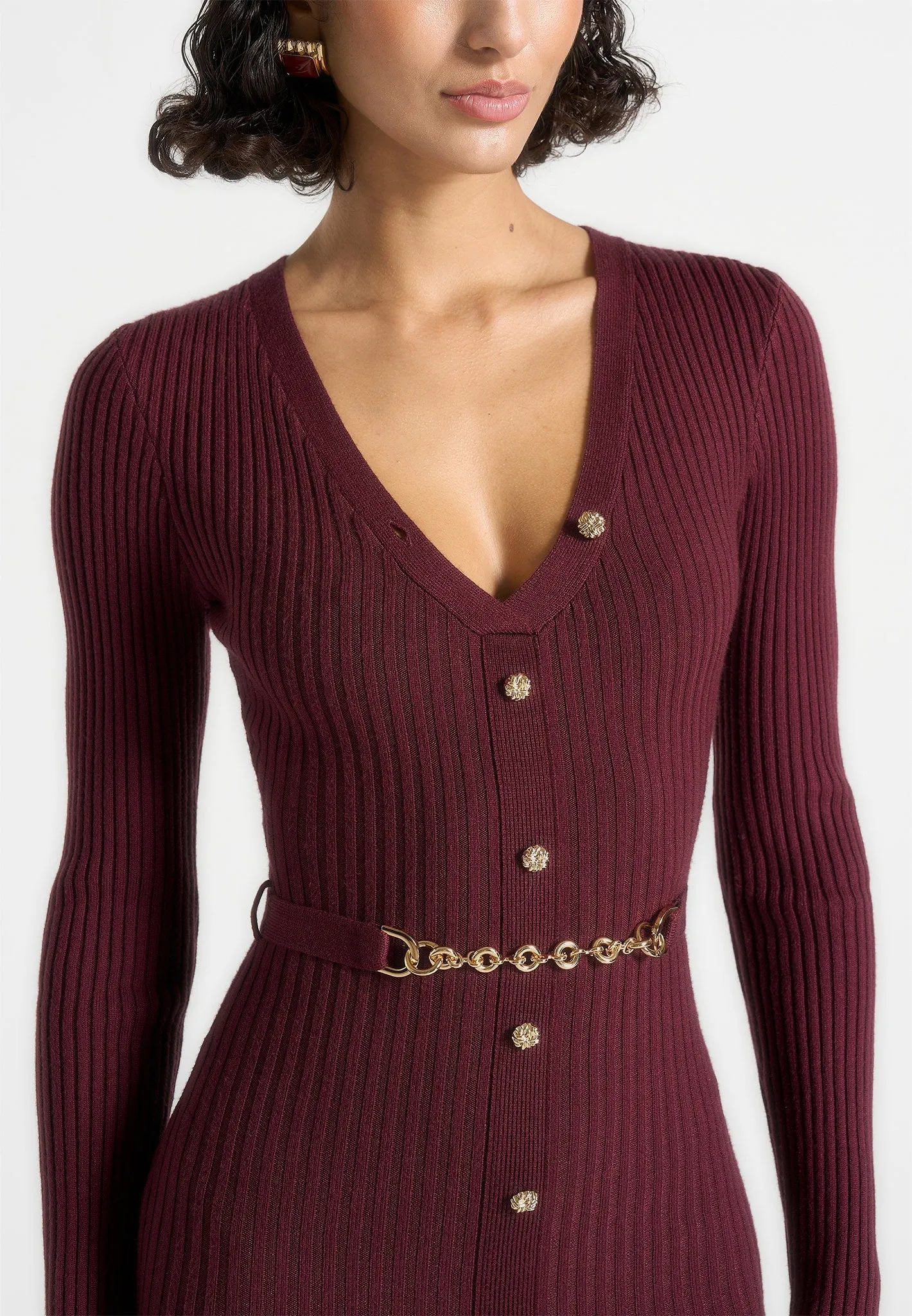 Comfortable Layering Daily Silhouette Assia - Long Sleeve Knitted Midaxi Dress With Belt - Wine Red