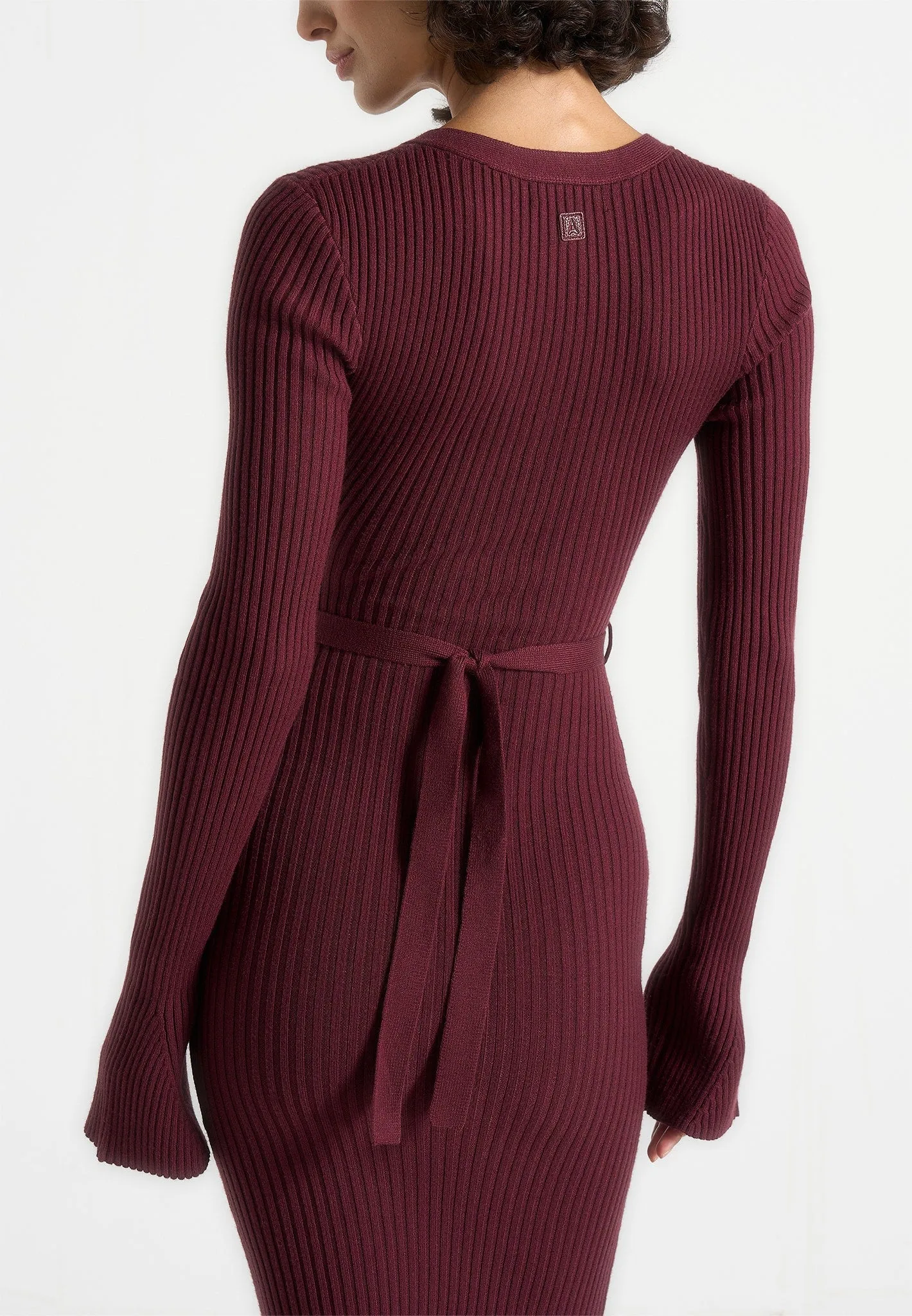 All Day Look Assia - Long Sleeve Knitted Midaxi Dress With Belt - Wine Red