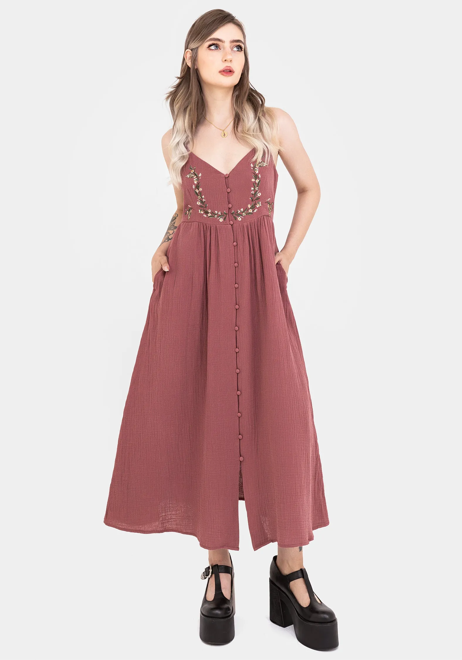 Water Glow Comfortable casual maxi Abundance Cotton Floral Embroidered Bodice Cami Midaxi Dress