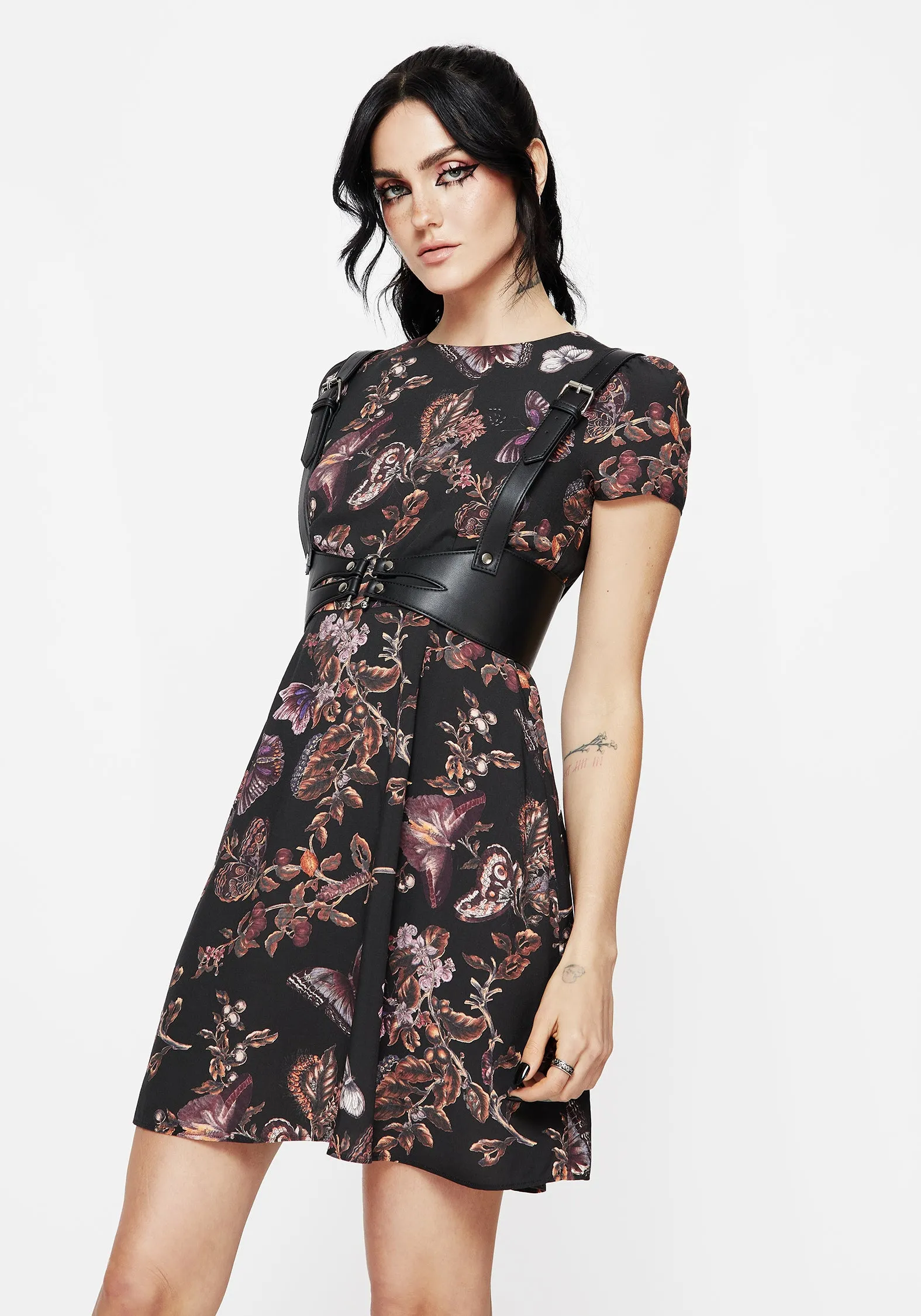 Eloise Floral Butterfly Print Mini Dress Velvet-Edge Formal Look