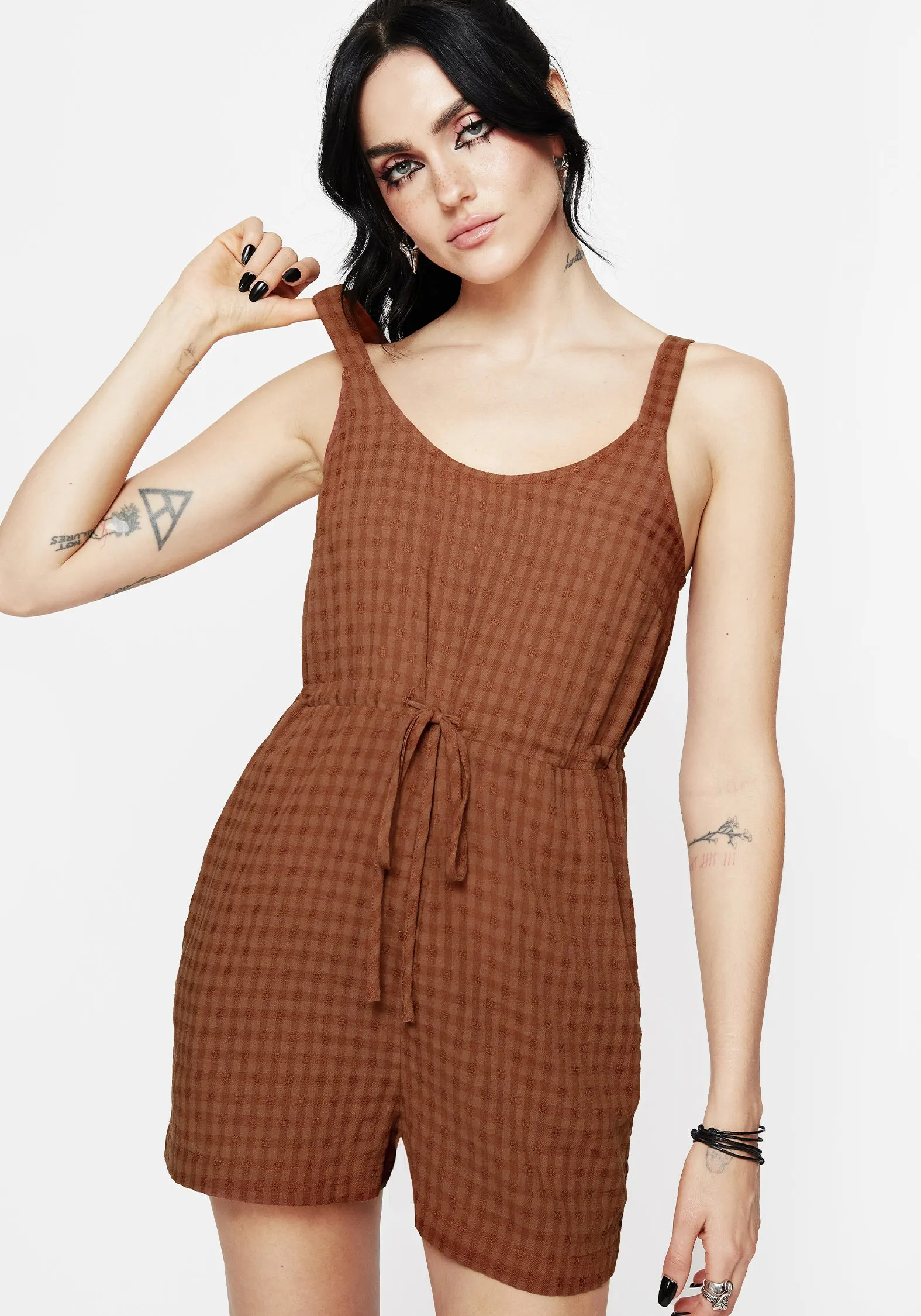 Active Sporty Soleil Cotton-Blend Check Cami Playsuit