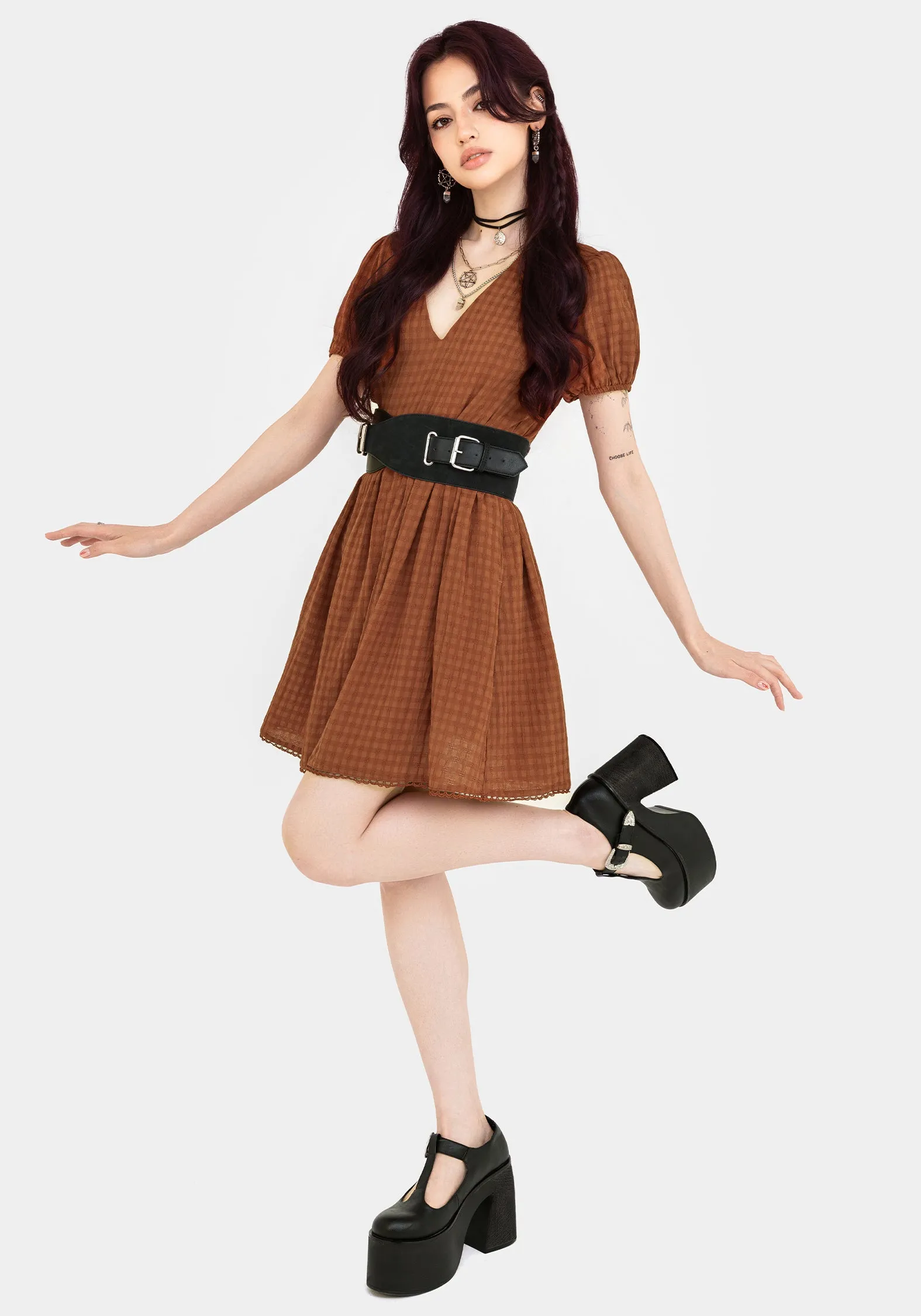 Flexible Waistband Simple Style Soleil Cotton-Blend Check Mini Dress