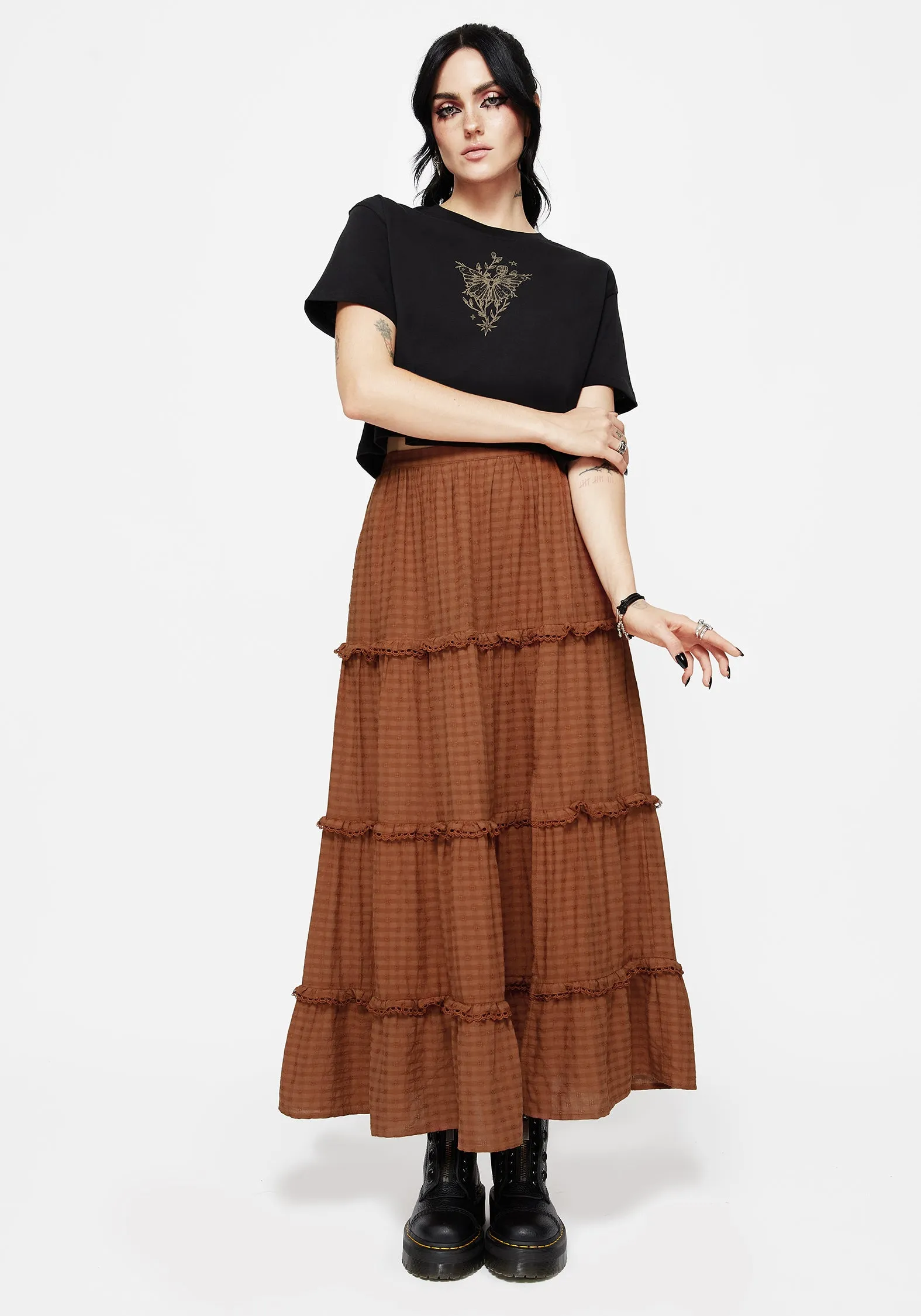 Easy Vibe Cultural Heritage Soleil Cotton-Blend Check Tiered Maxi Skirt