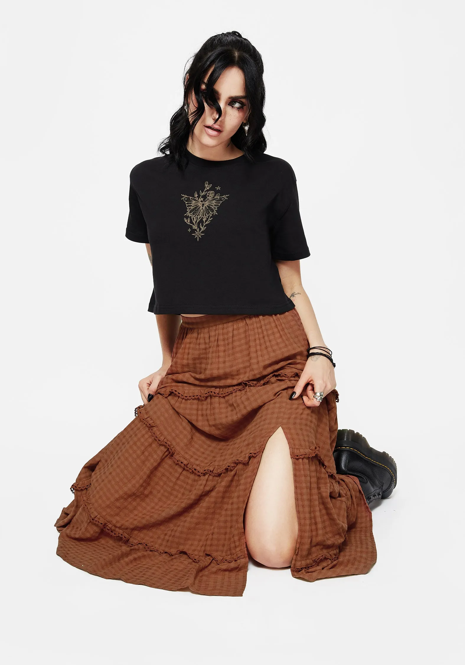 Laidback Style Outfit Details Soleil Cotton-Blend Check Tiered Maxi Skirt