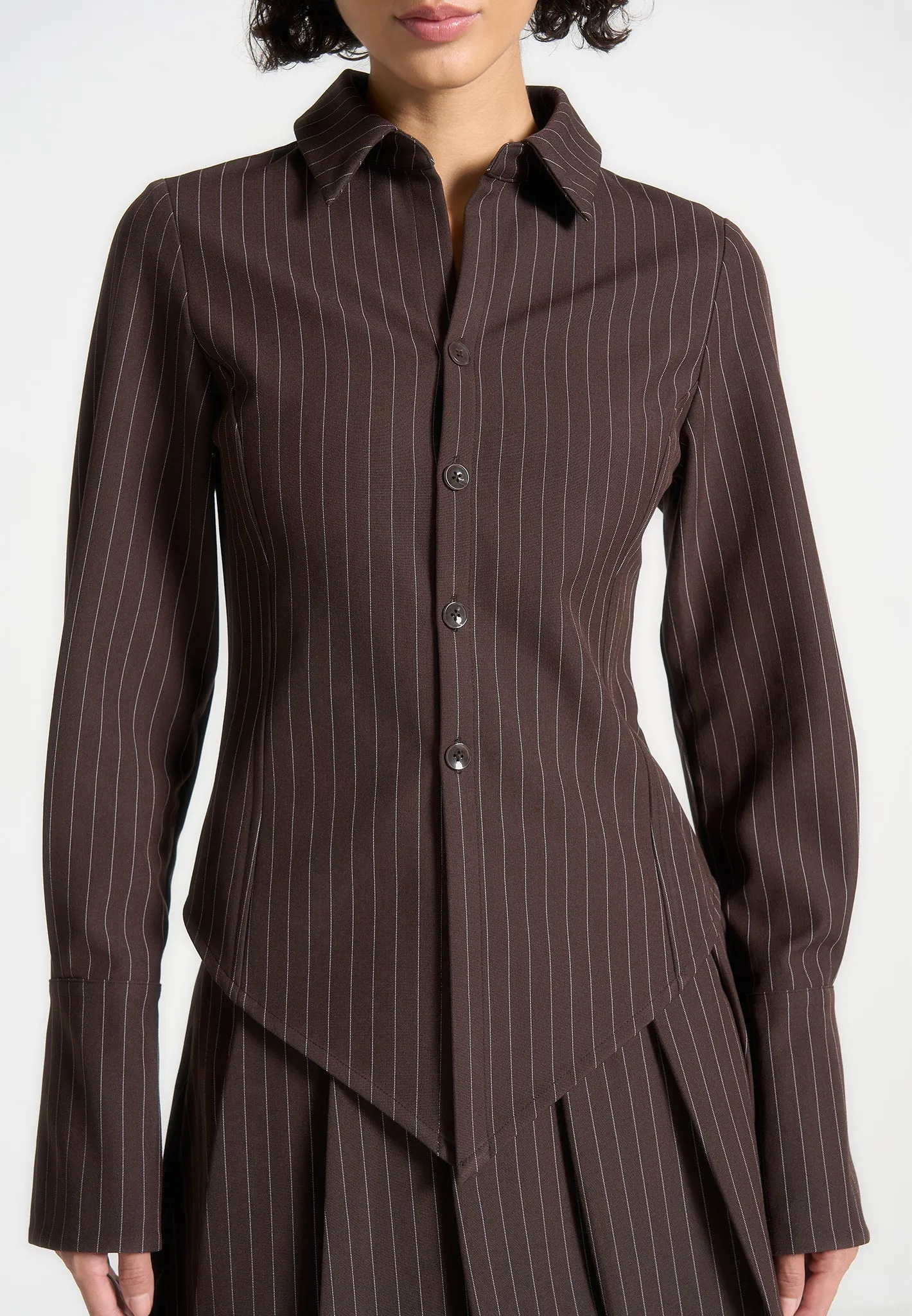 Sonia - Pinstripe Angled Shirt - Brown AdvancedMoistureManagement
