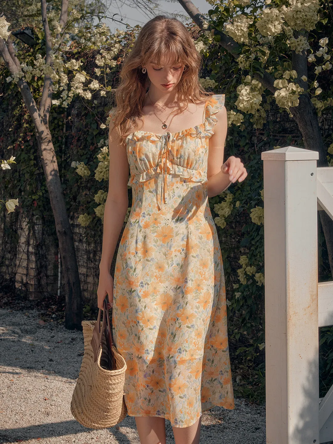 Sophia Square Neck Ruffle Sleeve Dress Lower Hem