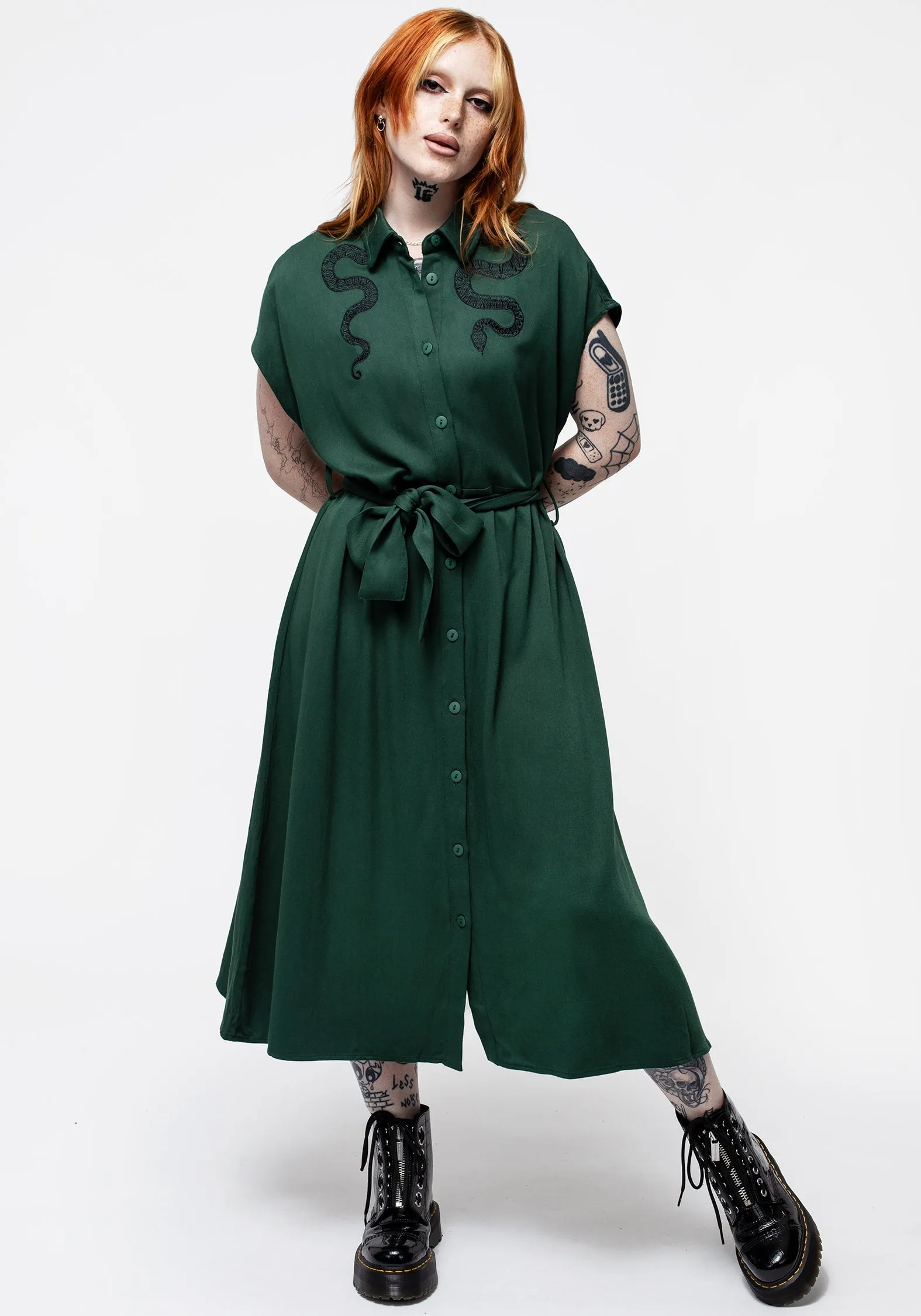 Slither Relaxed Midi Shirt Dress - Green Trendy Everyday Feather Light