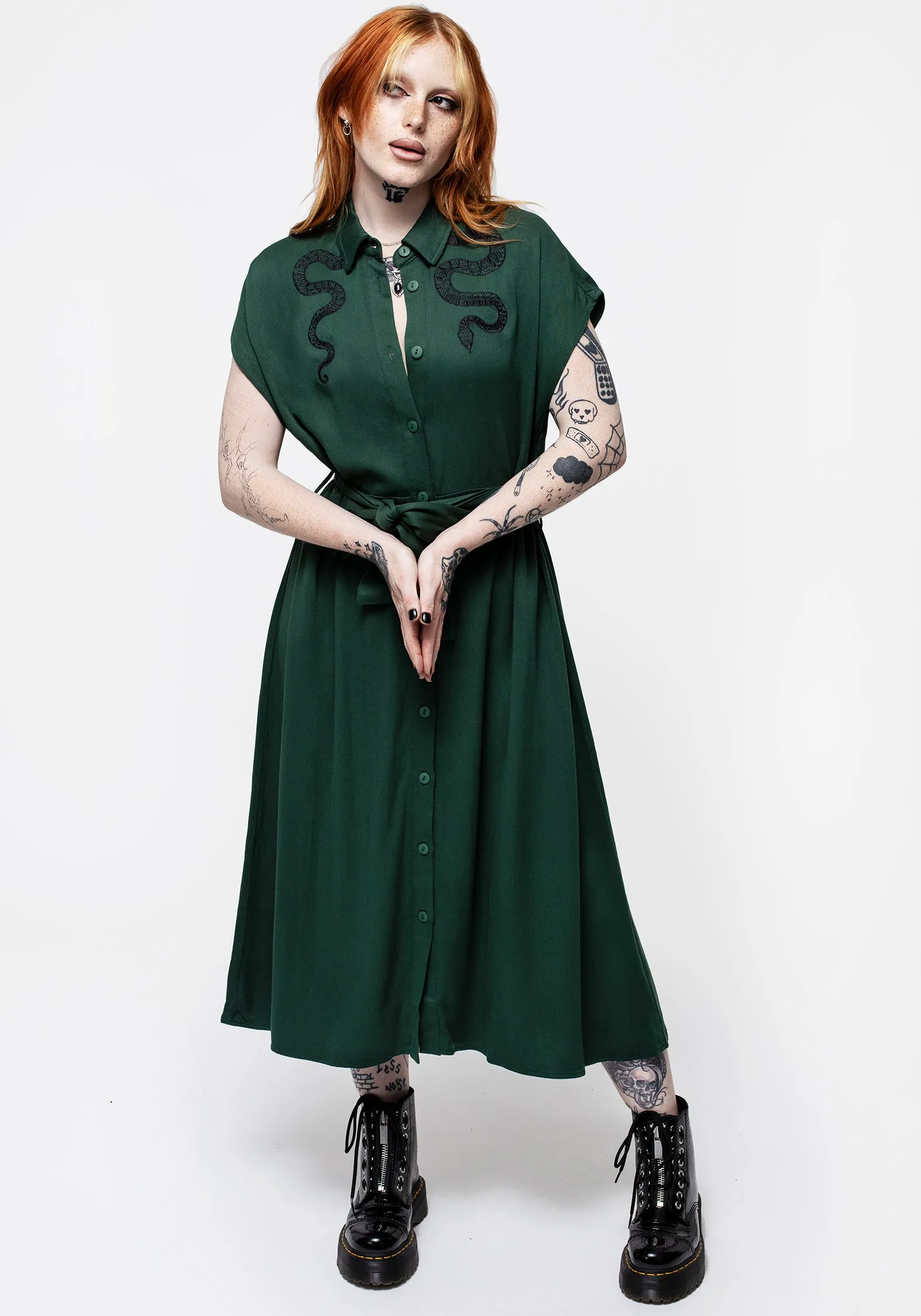 Slither Relaxed Midi Shirt Dress - Green Chilly Comfort Wear Chic and Elegant
