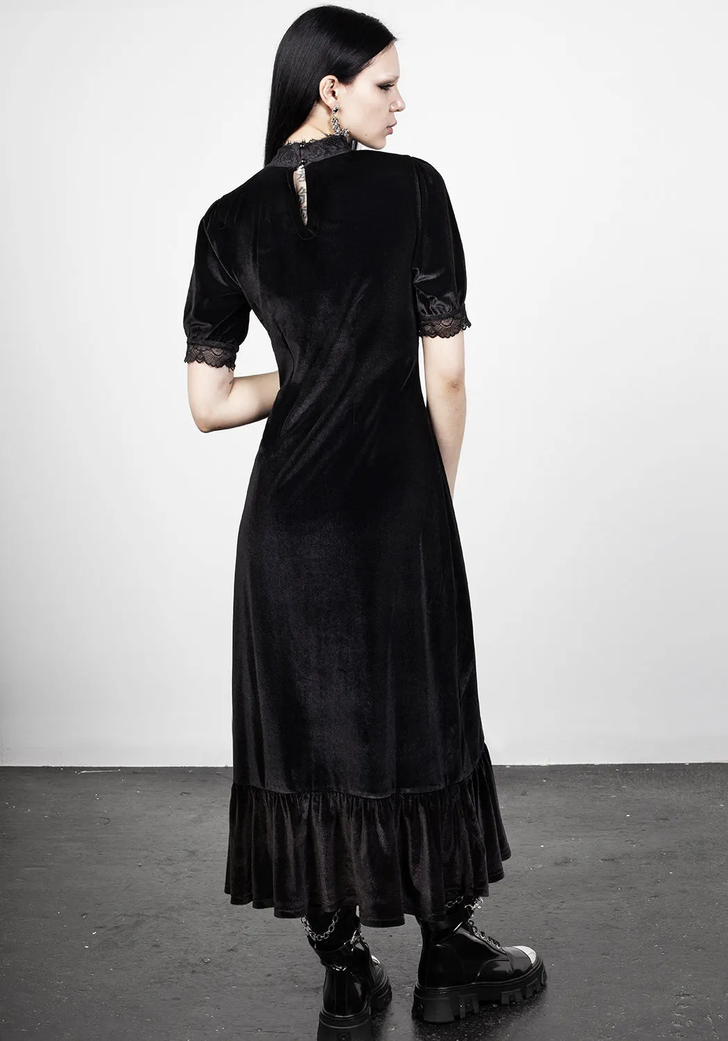 Satin Soft Sorrow Velour Lace Detail Midaxi Dress