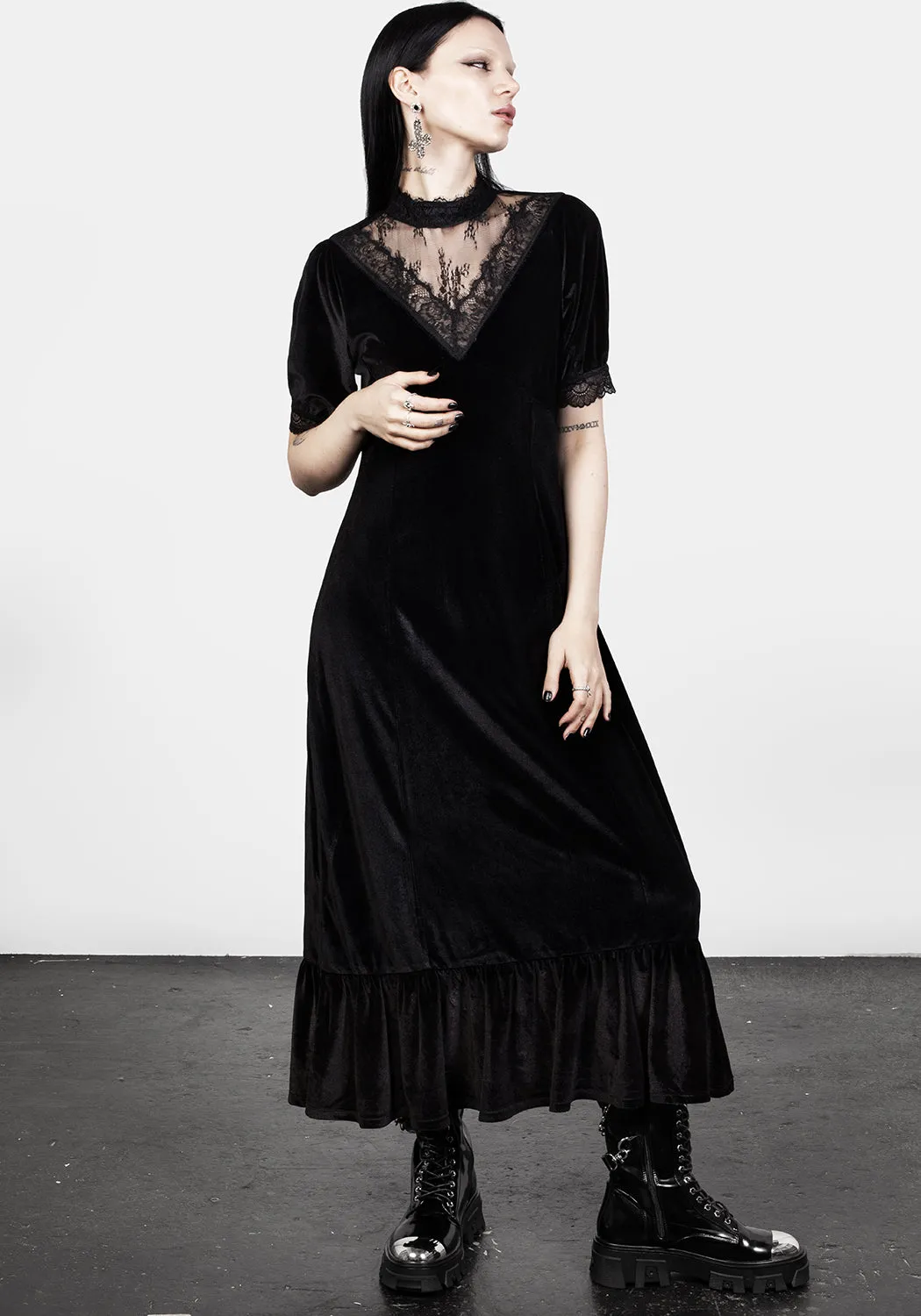 Sorrow Velour Lace Detail Midaxi Dress Flattering Layer