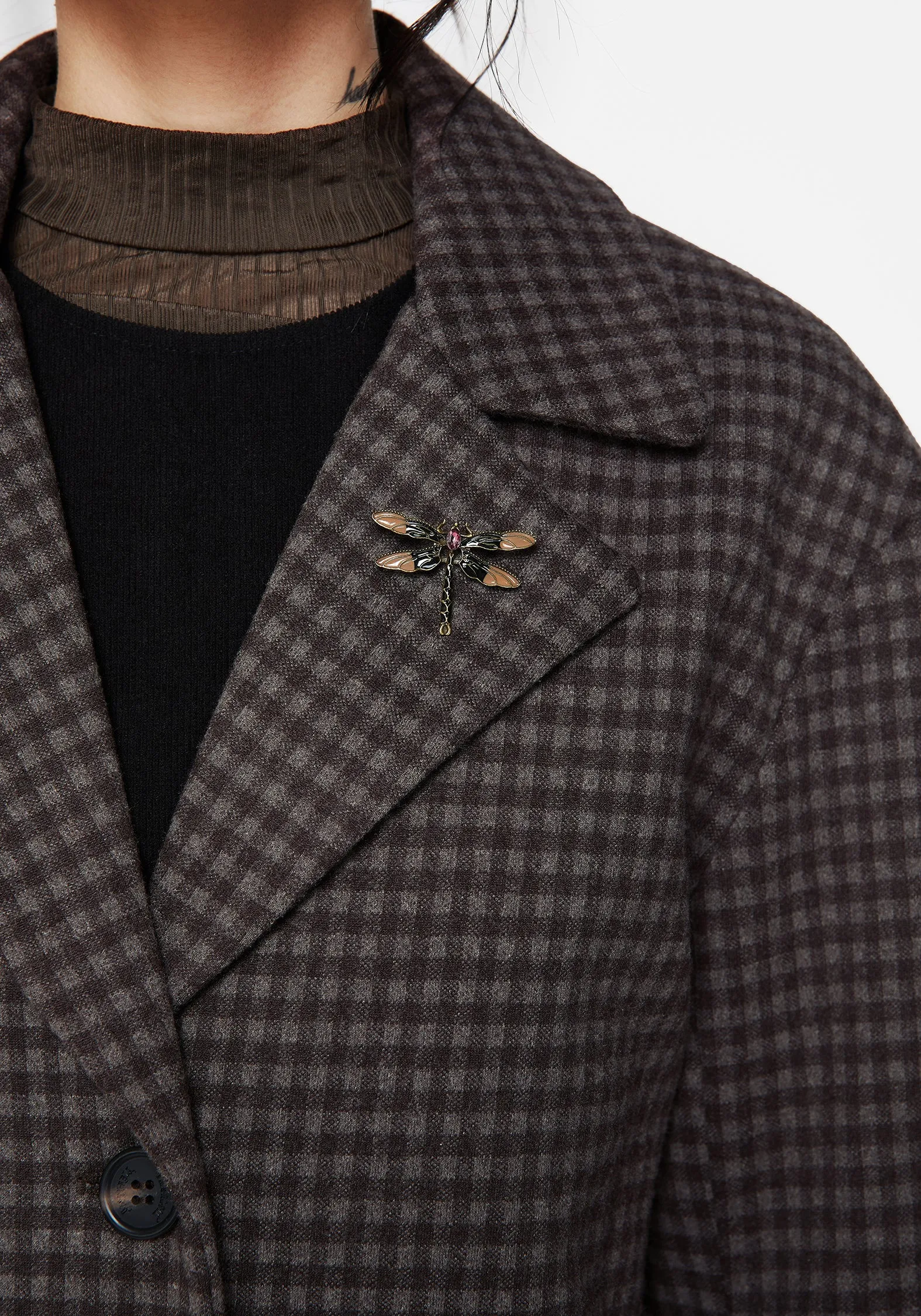 Pilgrim Gingham Coat With Dragonfly Brooch Flexible Fit Wear