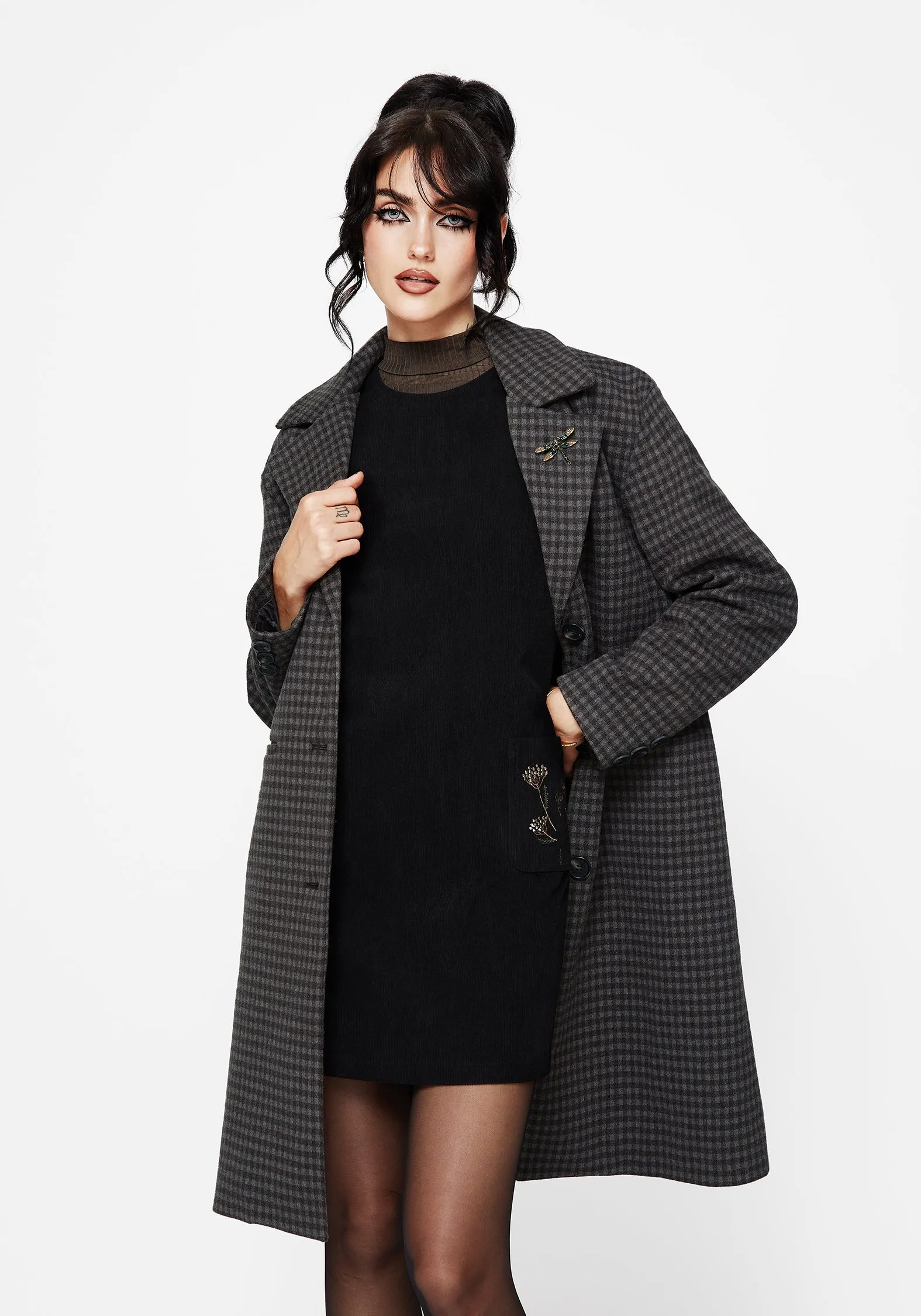 Lightweight insulation Pilgrim Gingham Coat With Dragonfly Brooch