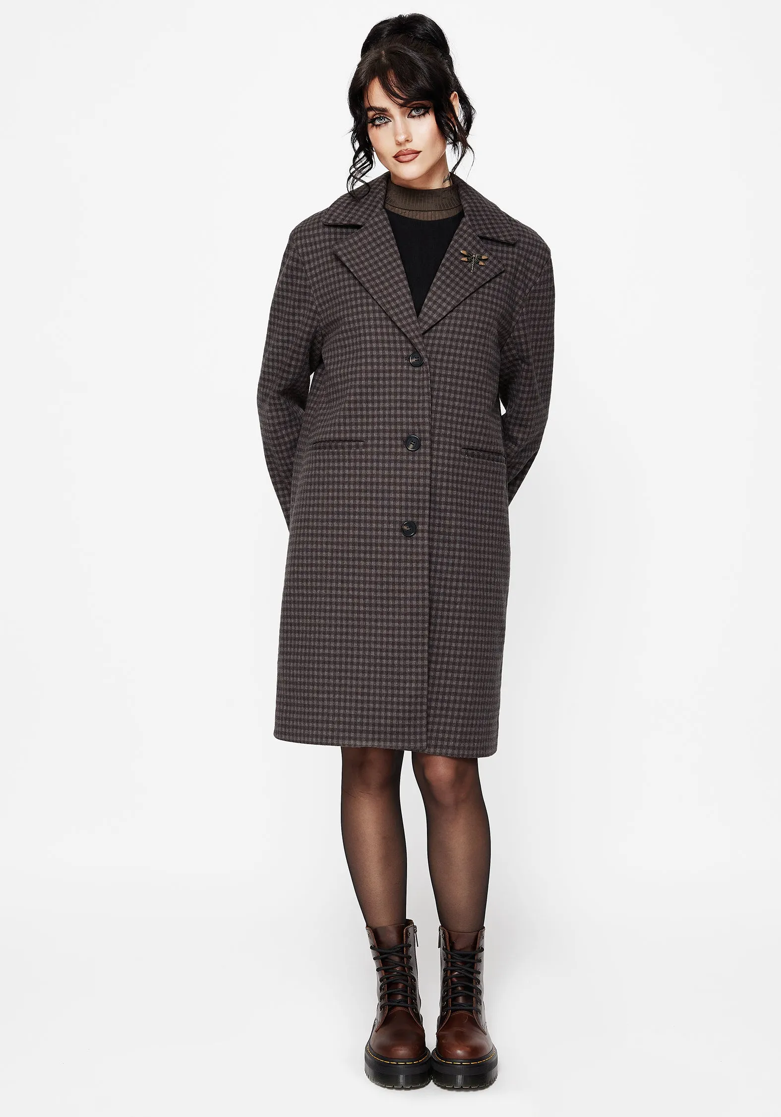 Flexible Fiber Fill Pilgrim Gingham Coat With Dragonfly Brooch