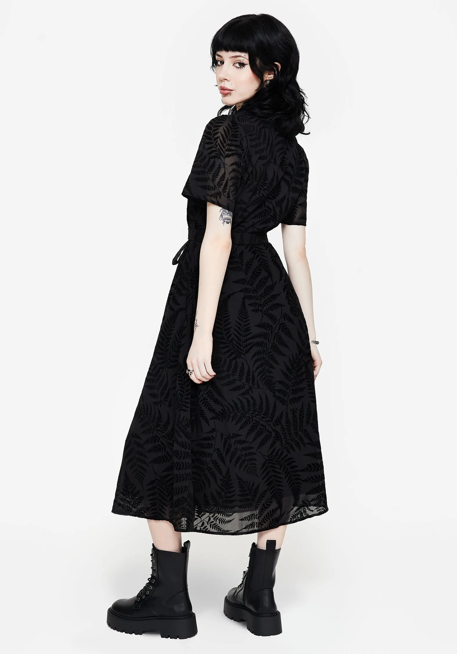 Artisanal-Detail Lunafern Fern Printed Belted Midi Shirt Dress
