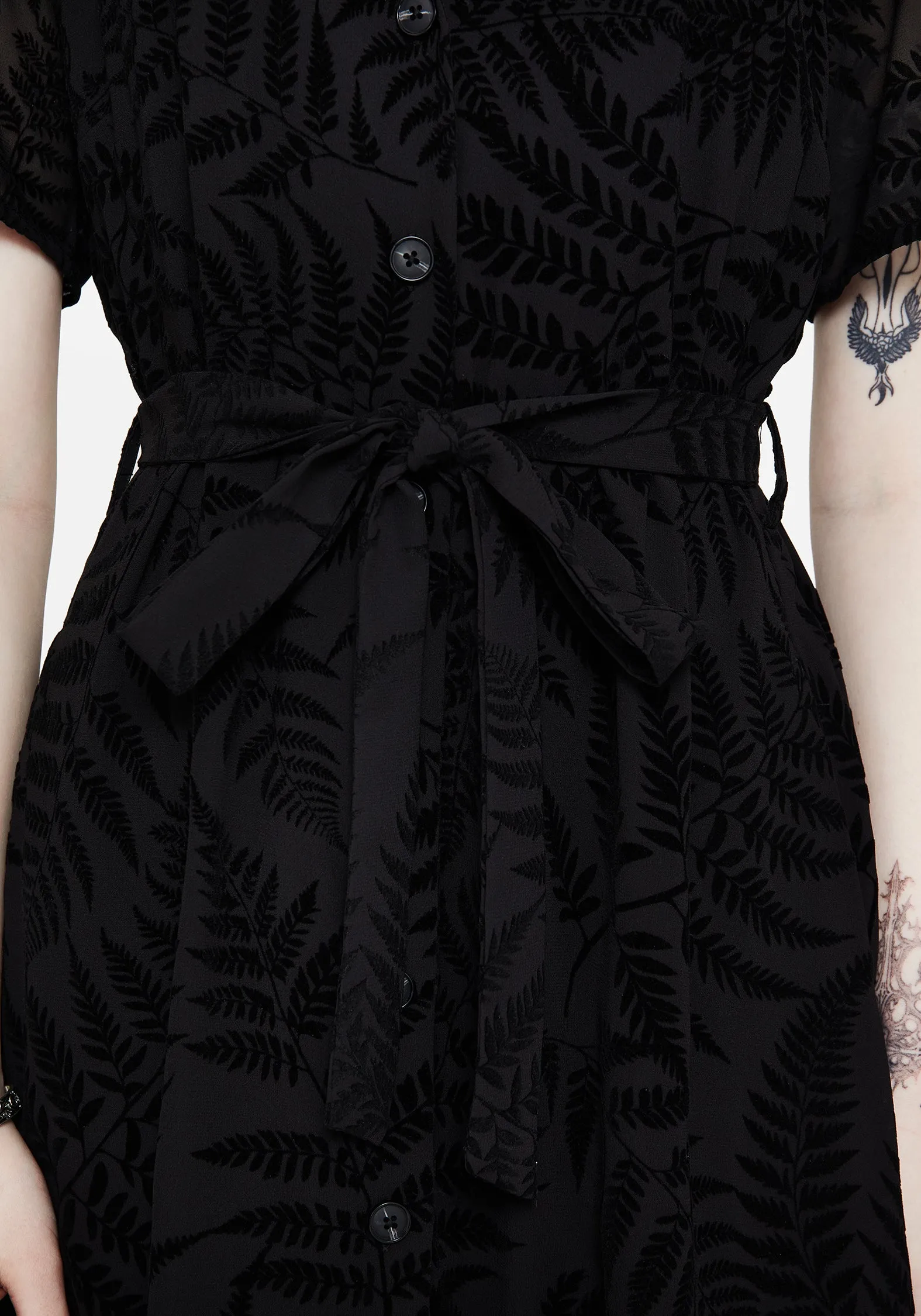 Lunafern Fern Printed Belted Midi Shirt Dress Fringe-Detail