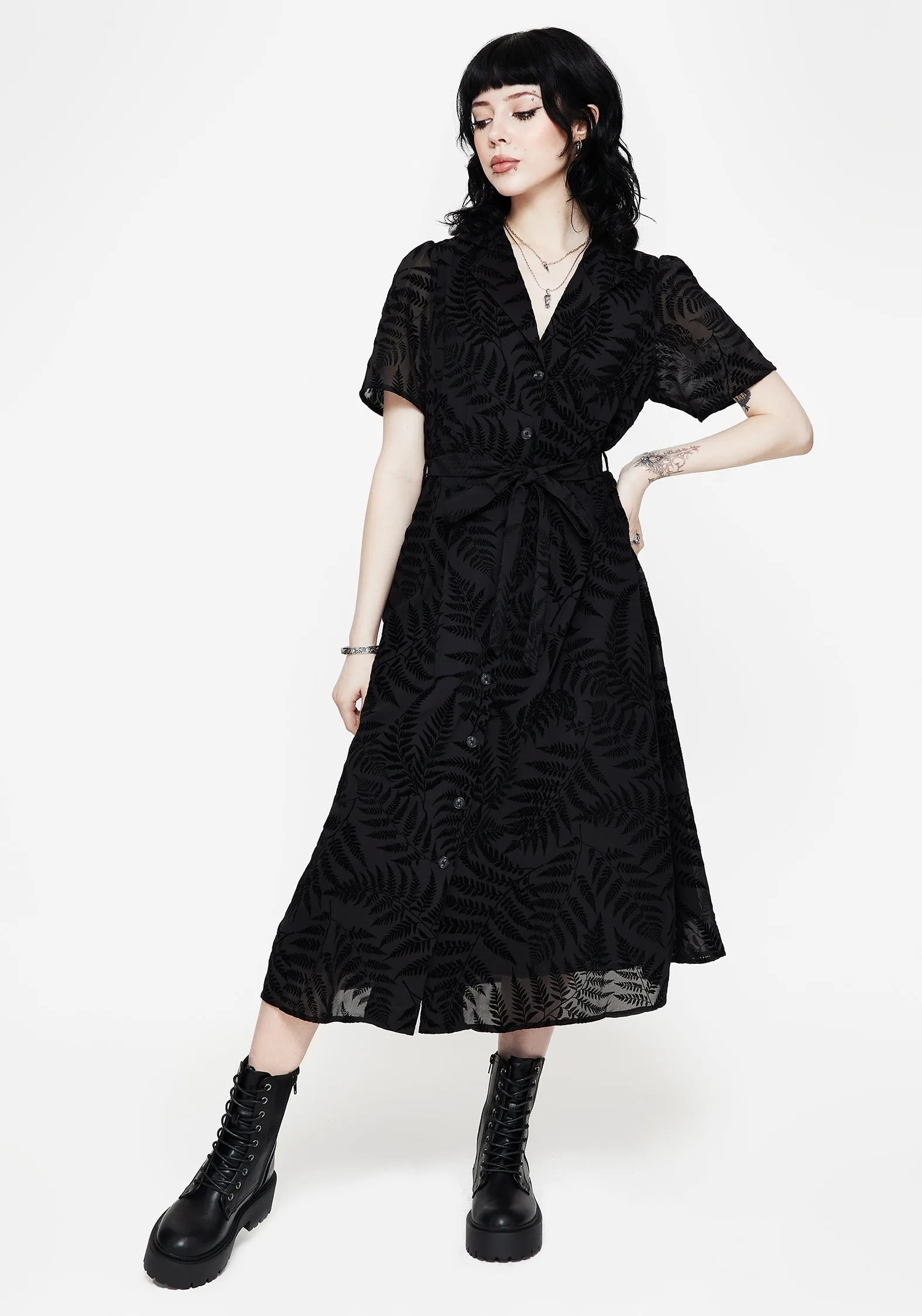 Warm Undertone Bless Touch Lunafern Fern Printed Belted Midi Shirt Dress