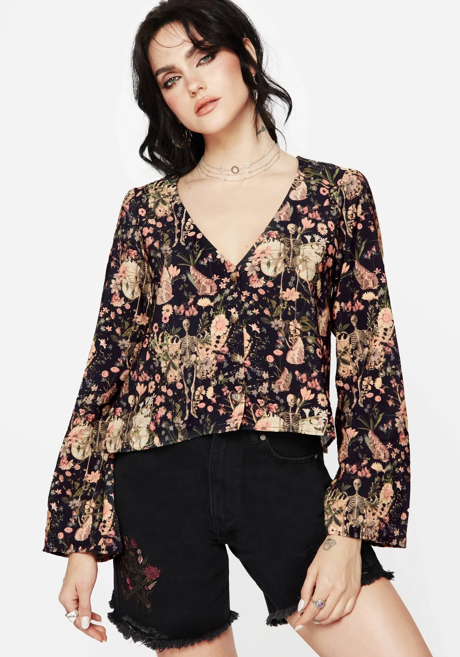 Pixie Floral Print Button Up Blouse Top Floral Motif