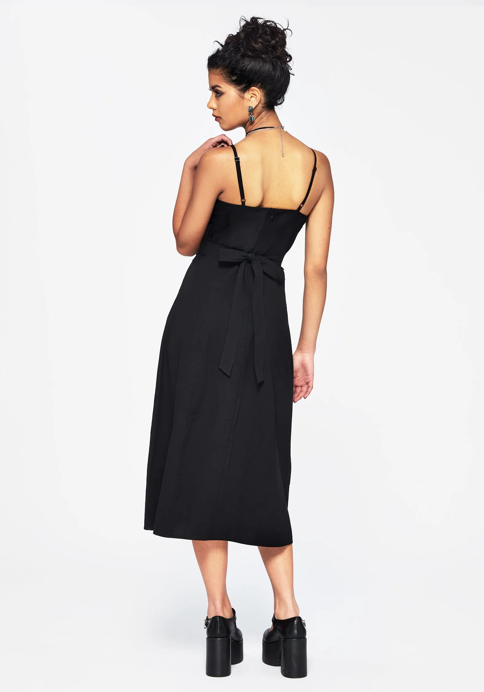 Minimal Motion Despair Cotton Thistle Embroidered Cami Tie Back Midi Dress