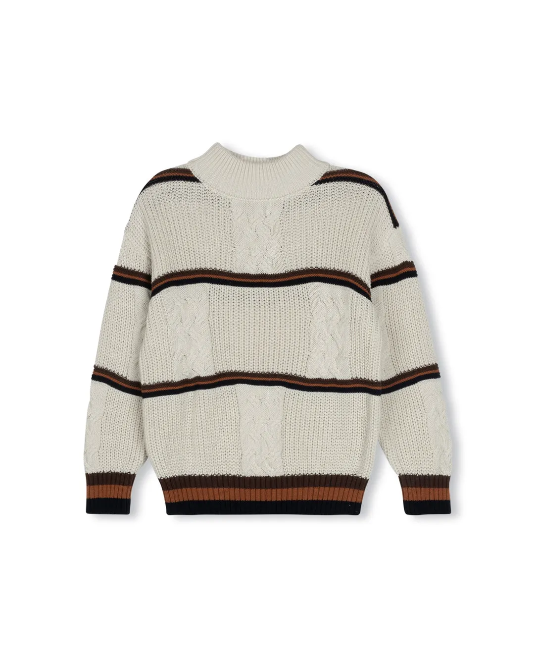 Square Cable Knit And Stripe Sweater Seamless construction crew neck