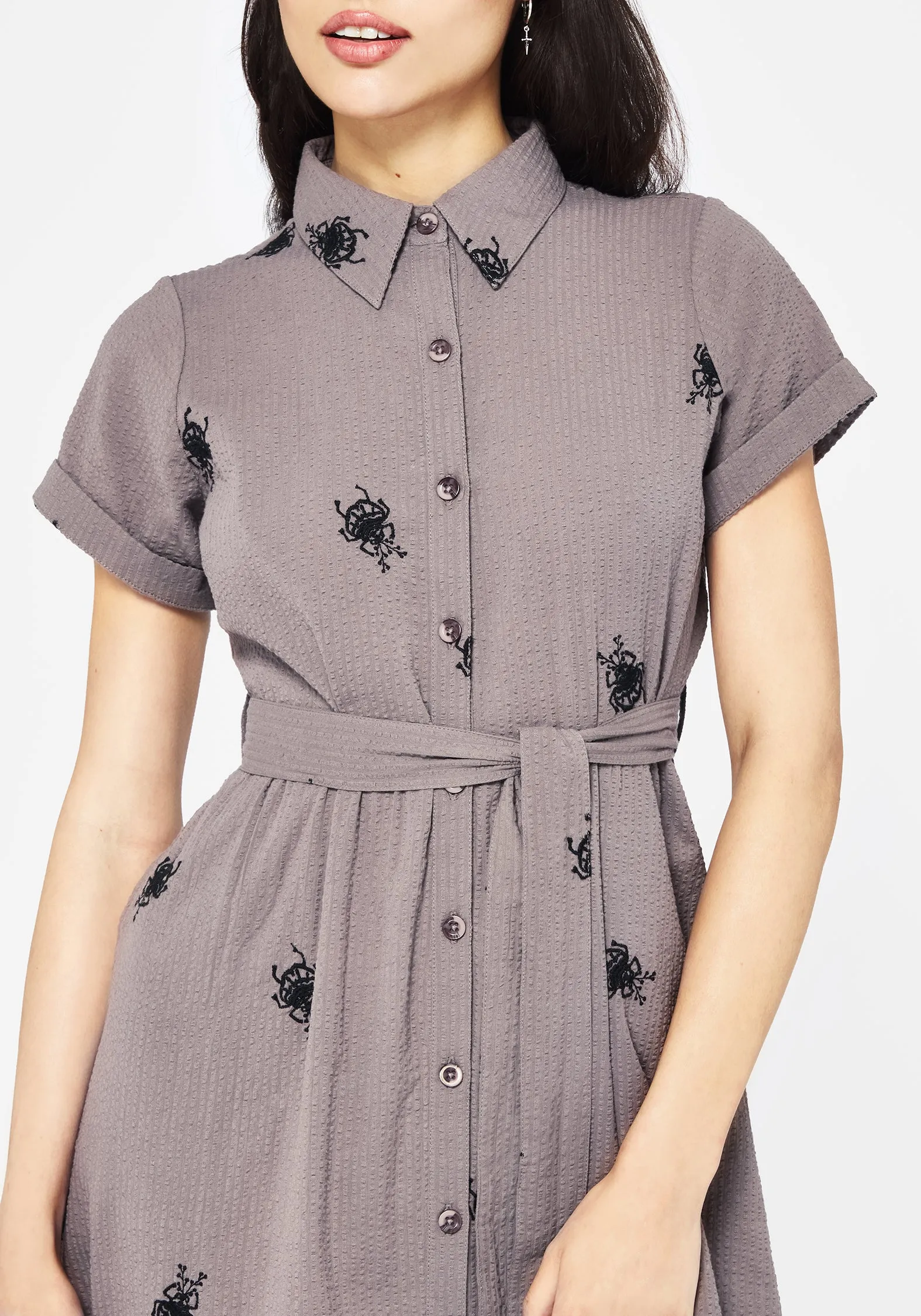Stag Beetle Embroidered Midi Shirt Dress Date Ready Chic Mom