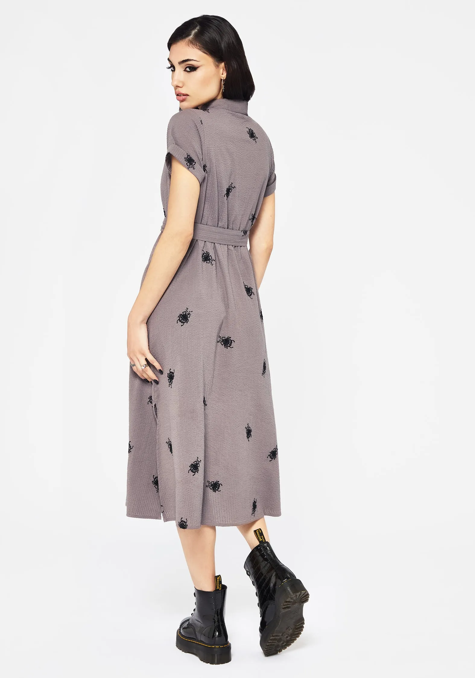 Gem Shine Minimalist mid-calf dress Stag Beetle Embroidered Midi Shirt Dress