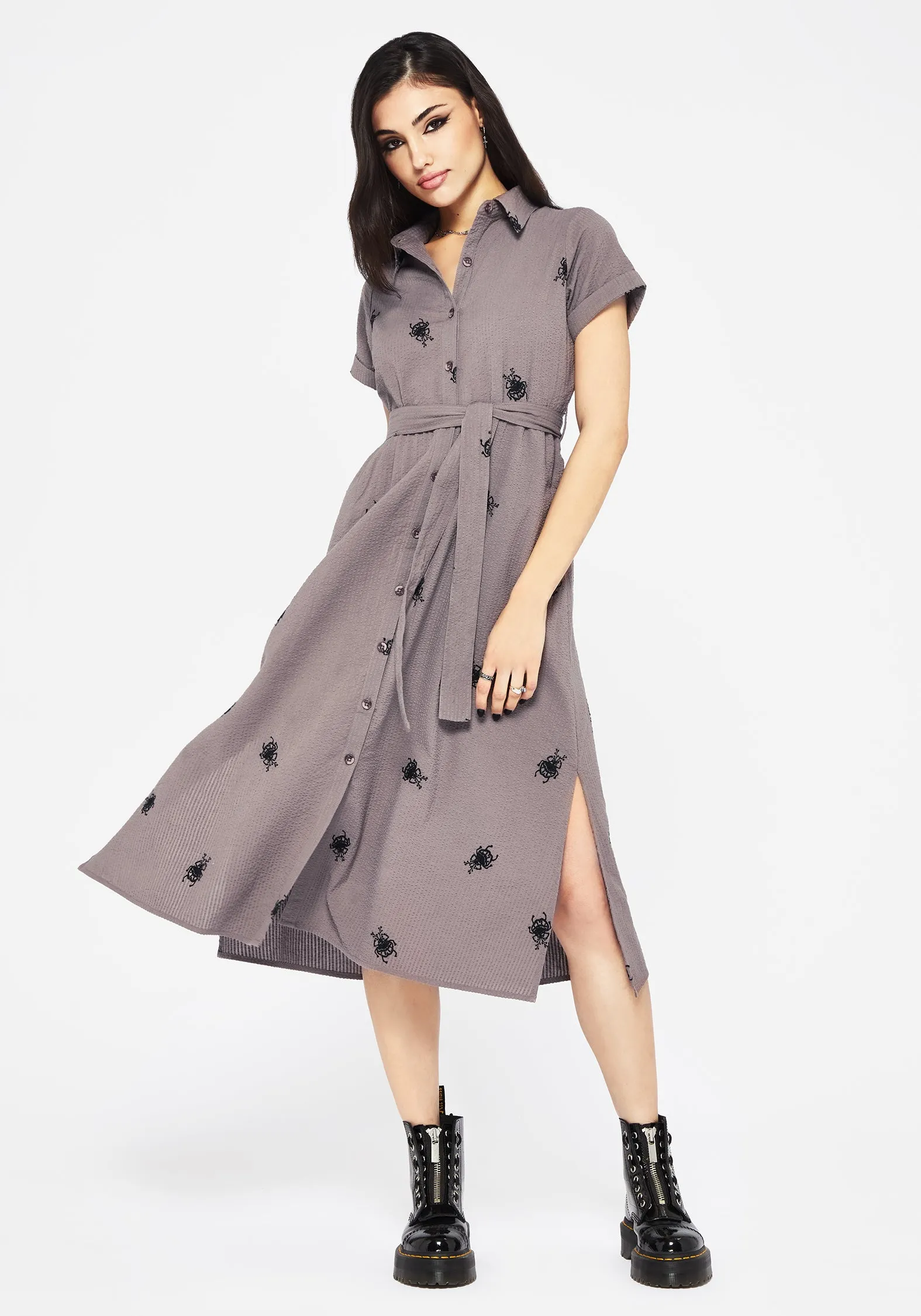 Skin Glow Stag Beetle Embroidered Midi Shirt Dress