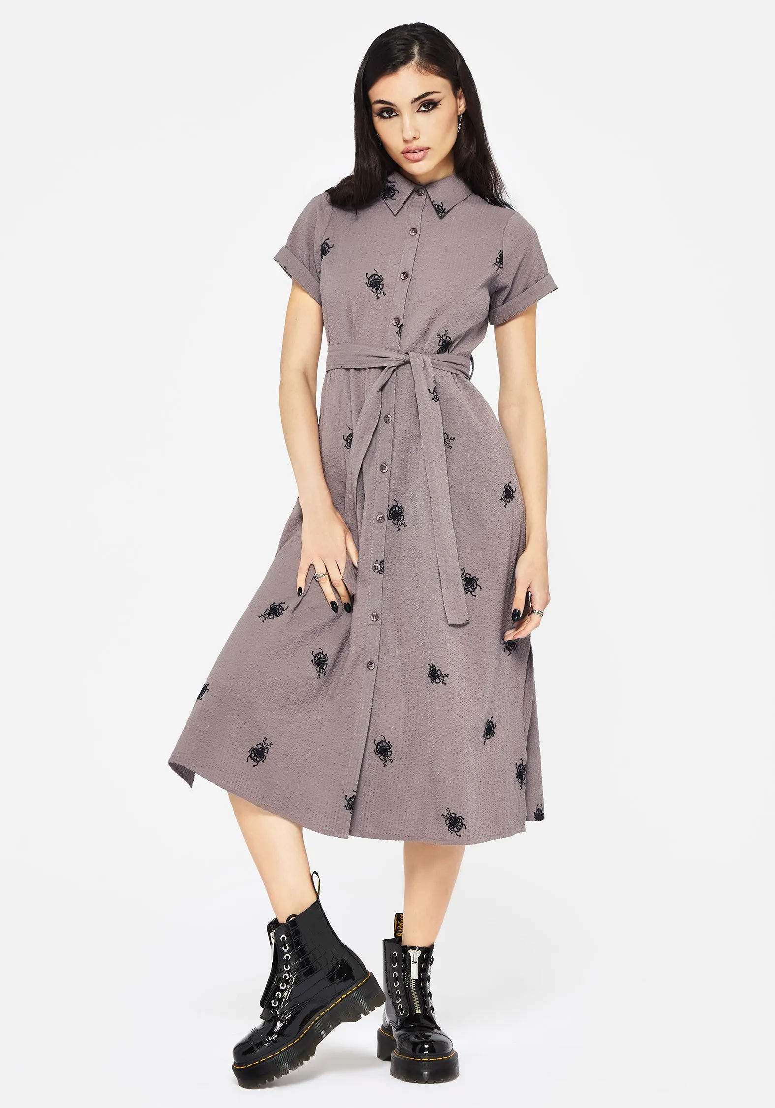 Stag Beetle Embroidered Midi Shirt Dress Smooth-Finish