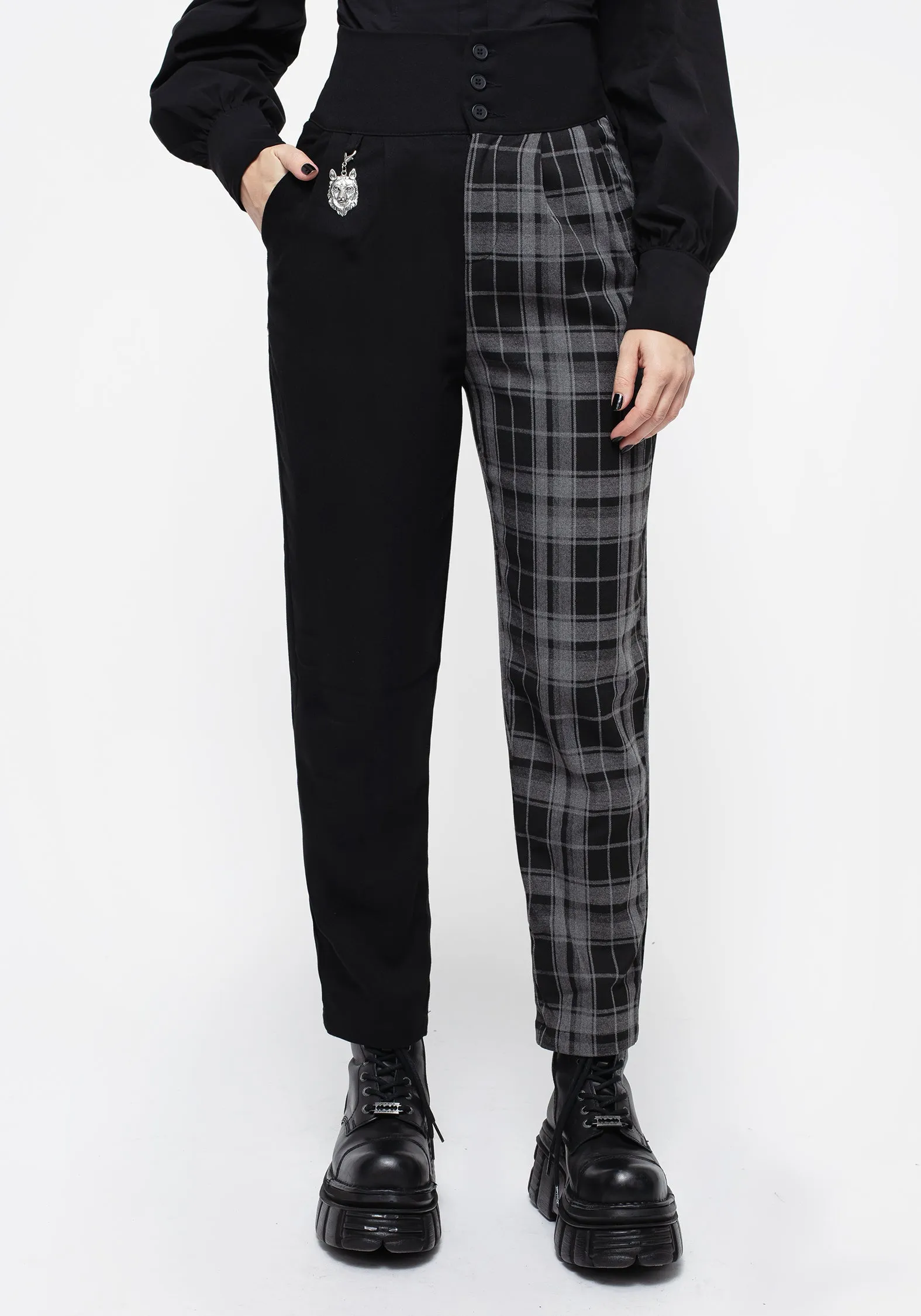 Fenrir High Waisted Check Tapered Trousers Seamless construction Leather Look