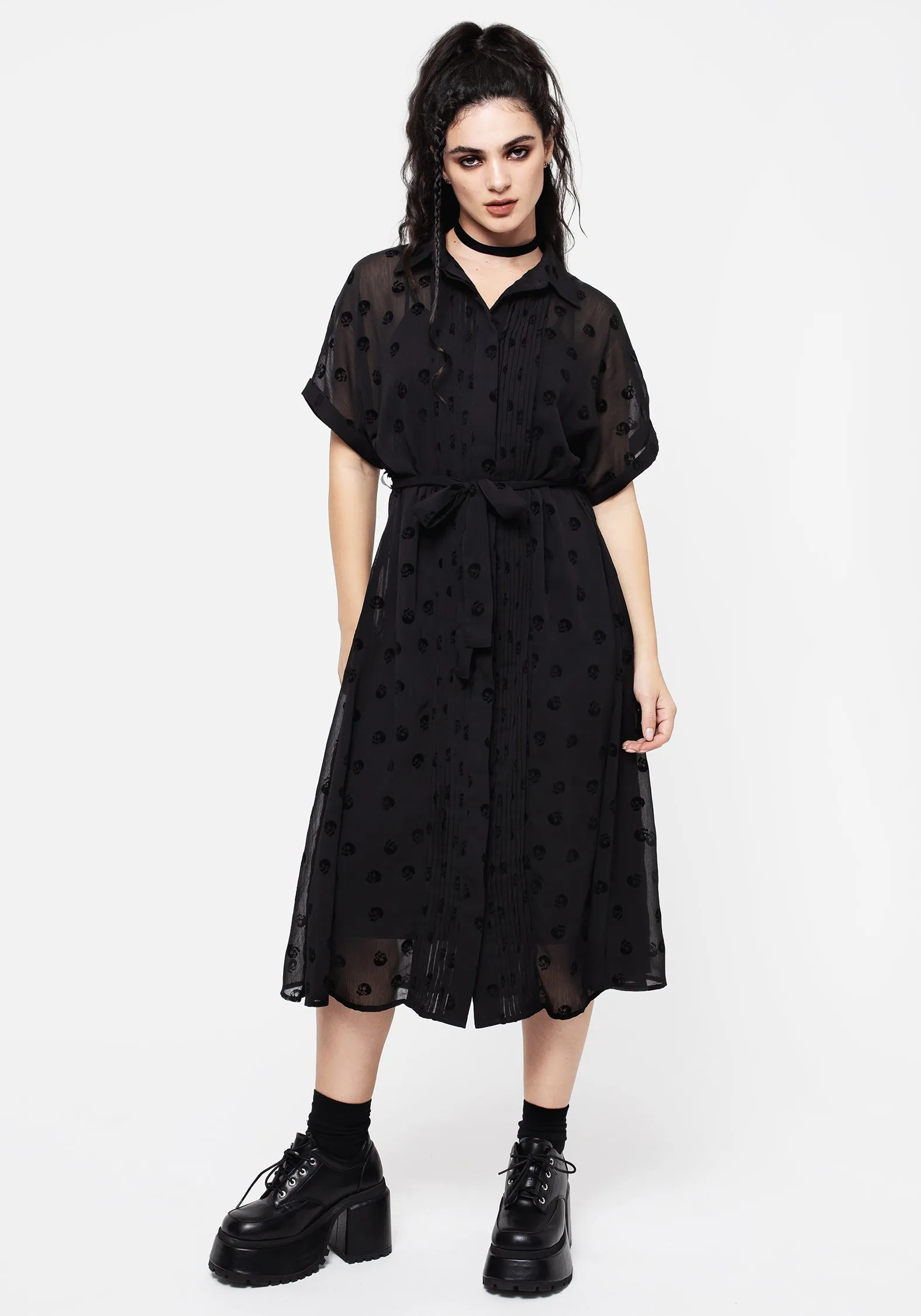 Bones Flocked Pintuck Chiffon Midi Shirt Dress Chic Motion Perfect Comfort Wear