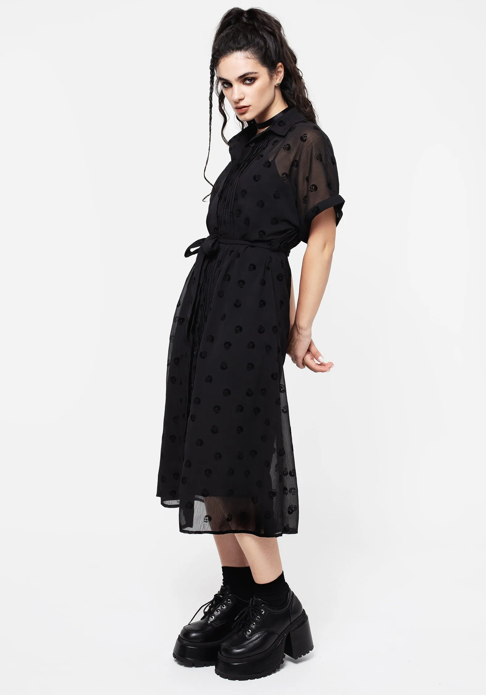 Bones Flocked Pintuck Chiffon Midi Shirt Dress Sleek And Stylish trendy details