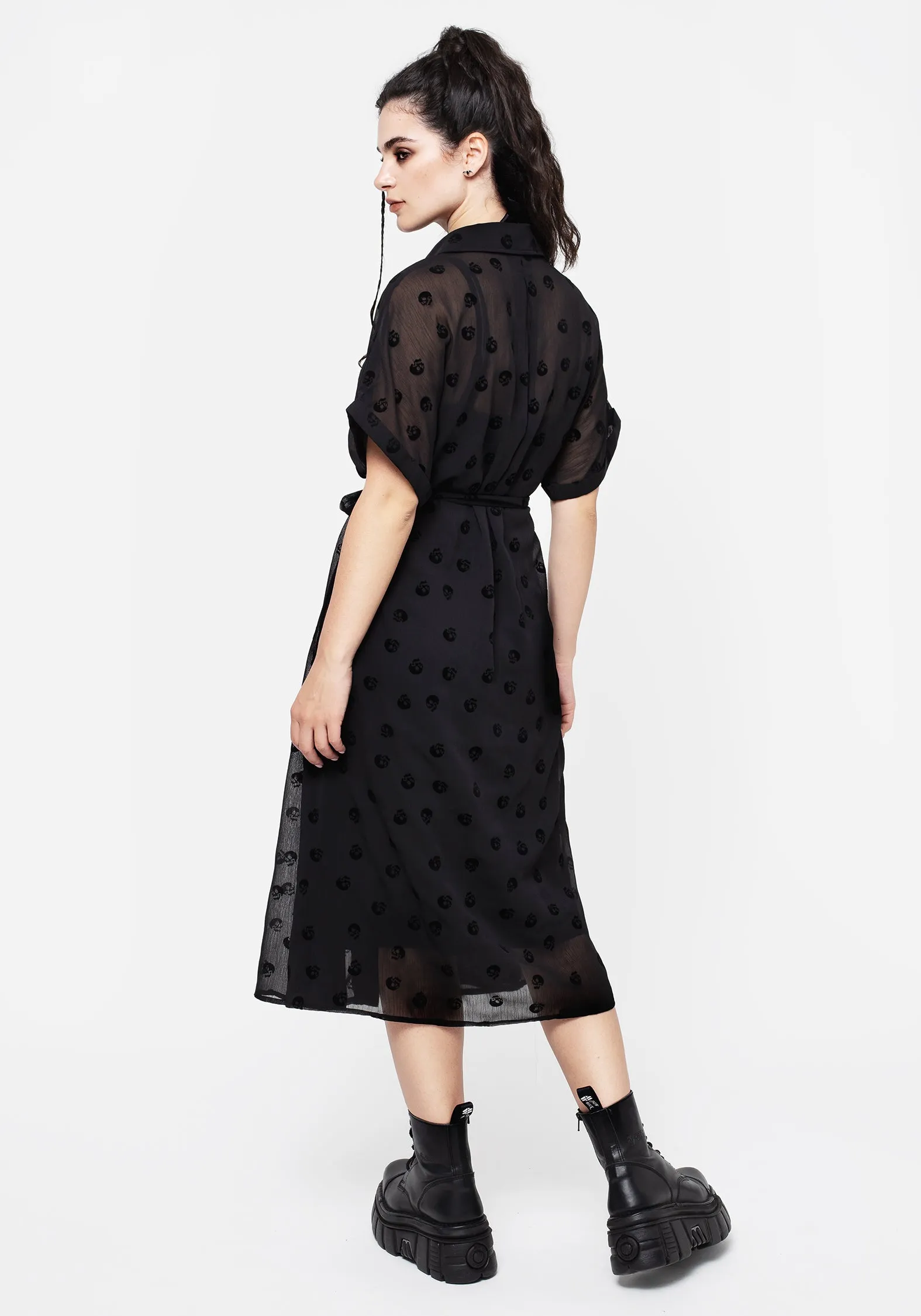 Bones Flocked Pintuck Chiffon Midi Shirt Dress Day Outfit