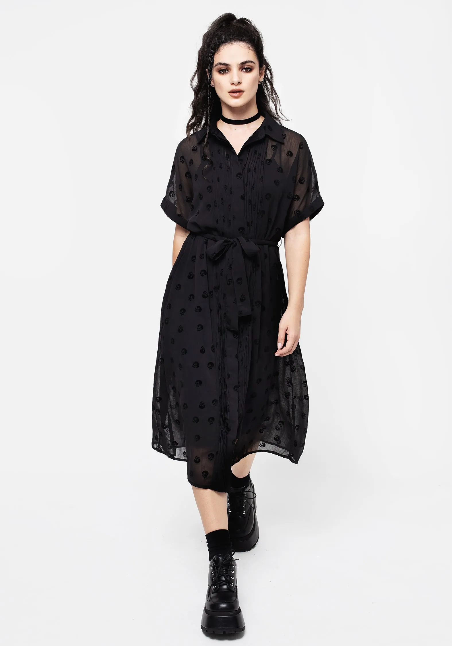 Bones Flocked Pintuck Chiffon Midi Shirt Dress Layering Fit
