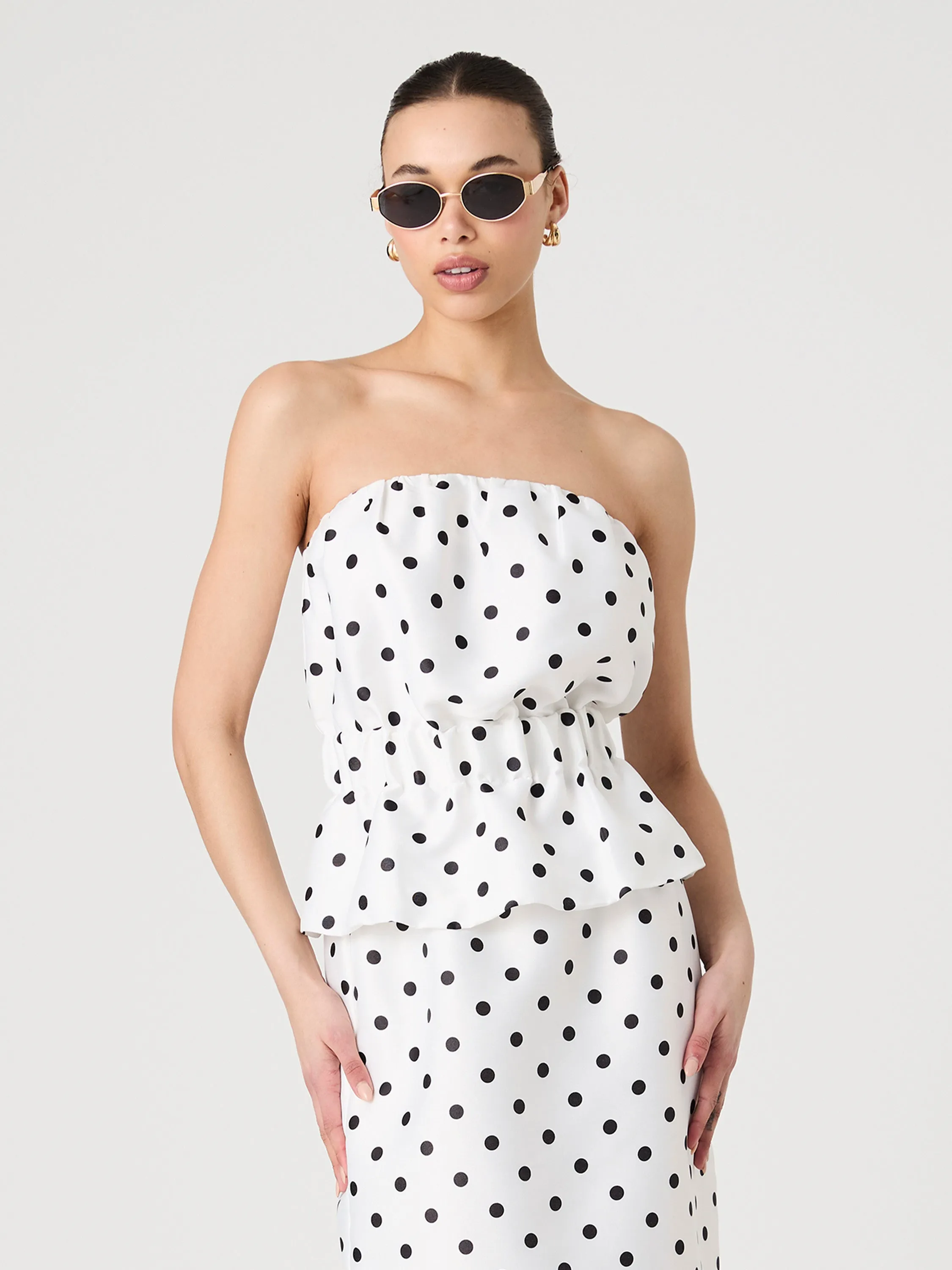 Strapless Polka Dot Peplum Top Quick Dry Feature Classic Crew Neck