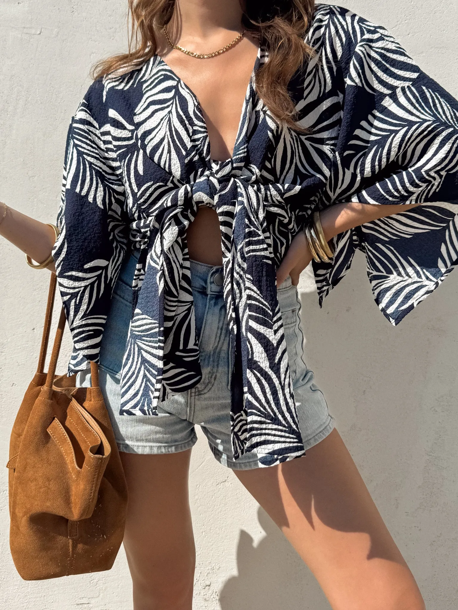 Smooth Flatlock Seams Palms Tie Front Top in Navy - Final Sale