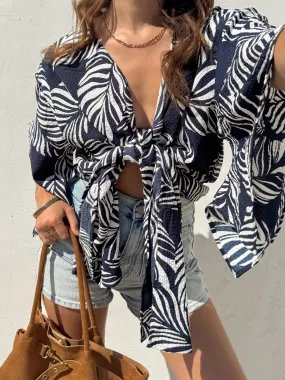 Day Wear Interlock Knit Body Palms Tie Front Top in Navy - Final Sale