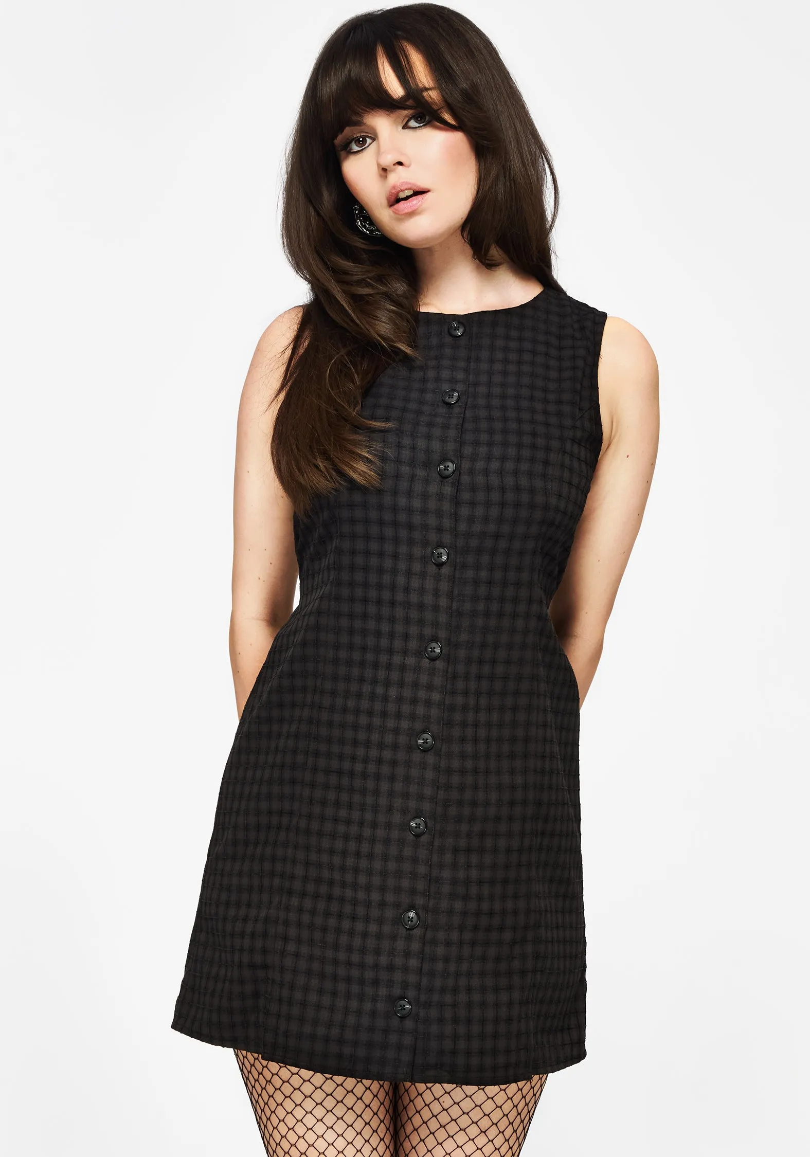 Ziggy Check Button Up Mini Dress Lower Hem Simple Texture