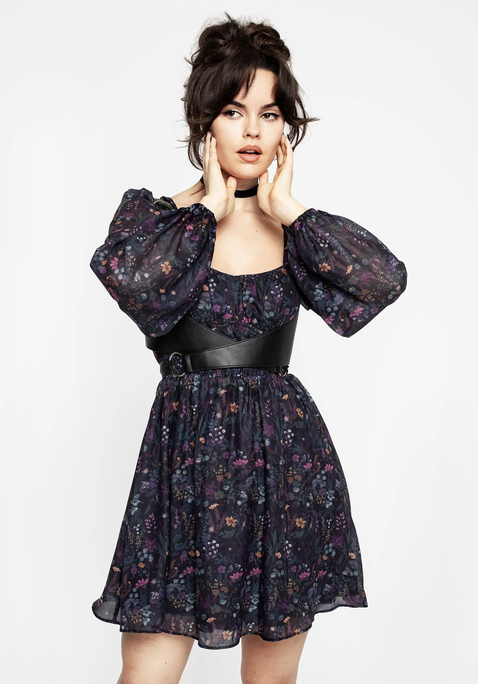 Body Flow Easy to Wear Heliotrope Floral Print Chiffon Mini Dress
