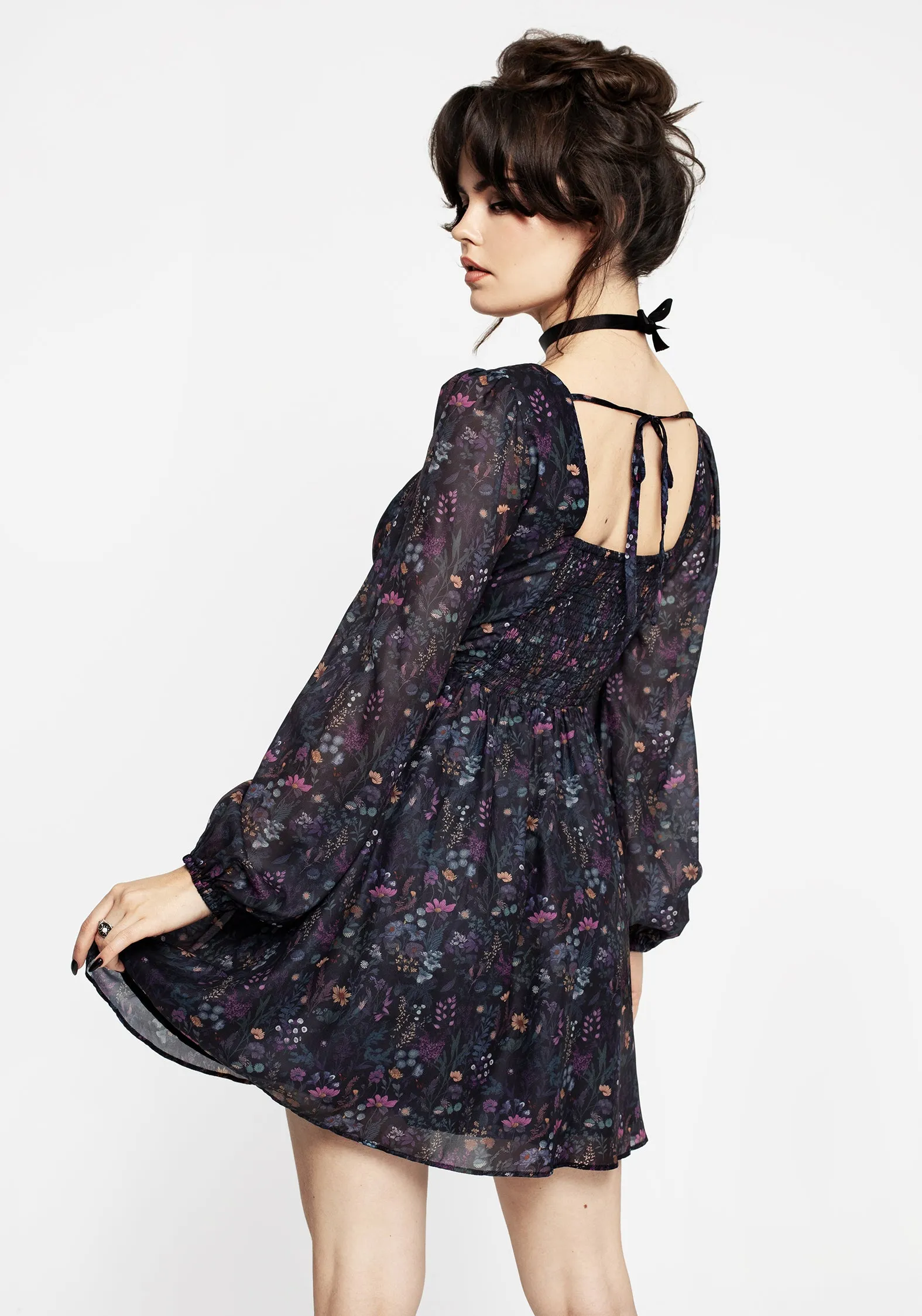 Heliotrope Floral Print Chiffon Mini Dress Semi Fit