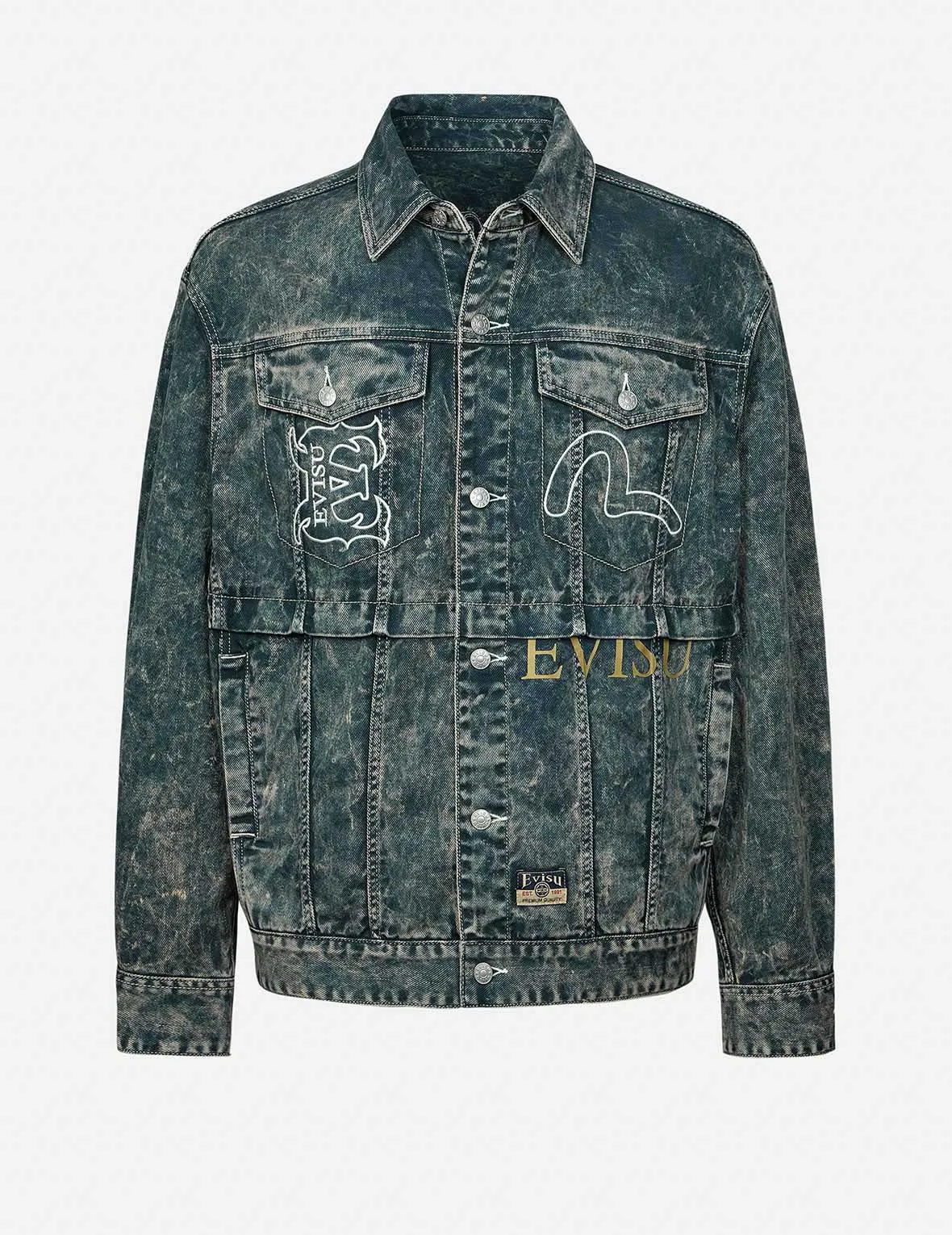 Tailored Silhouette Hybrid Fabric Blend Multi-Print and Embroidery Acid-Wash Fashion Fit Denim Jacket