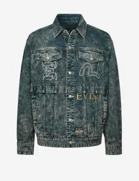 Multi-Print and Embroidery Acid-Wash Fashion Fit Denim Jacket MultiFunctionalPockets