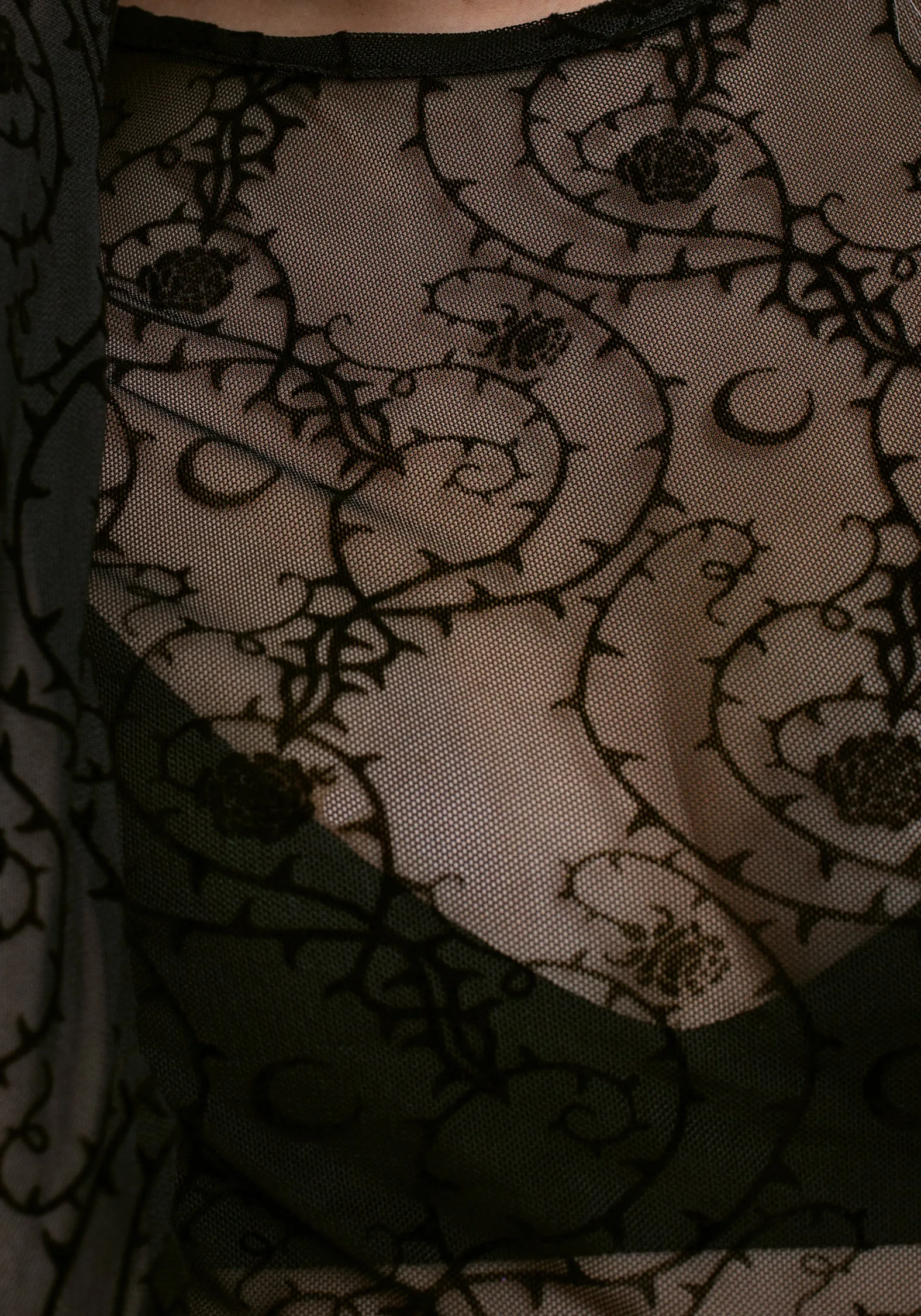 RibbedNeckline Thorns Mesh Top