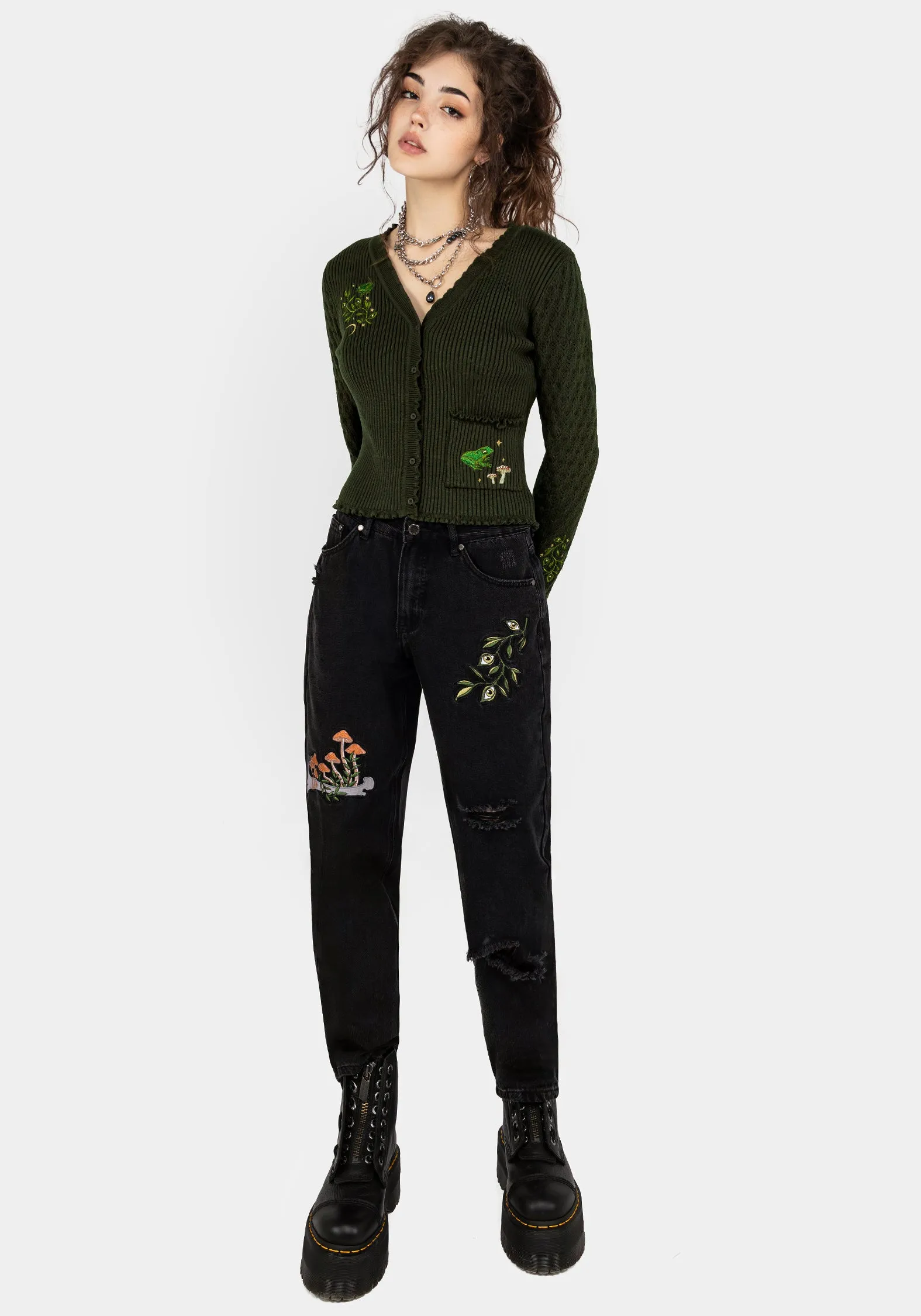 Textured Weave Design Swamplife Embroidered Pointelle Knit Crop Cardigan