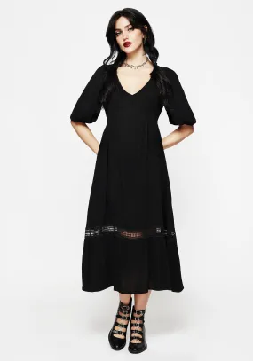 Wool Soft Practical long dress Mirage Lace Insert Puff Sleeve Maxi Dress