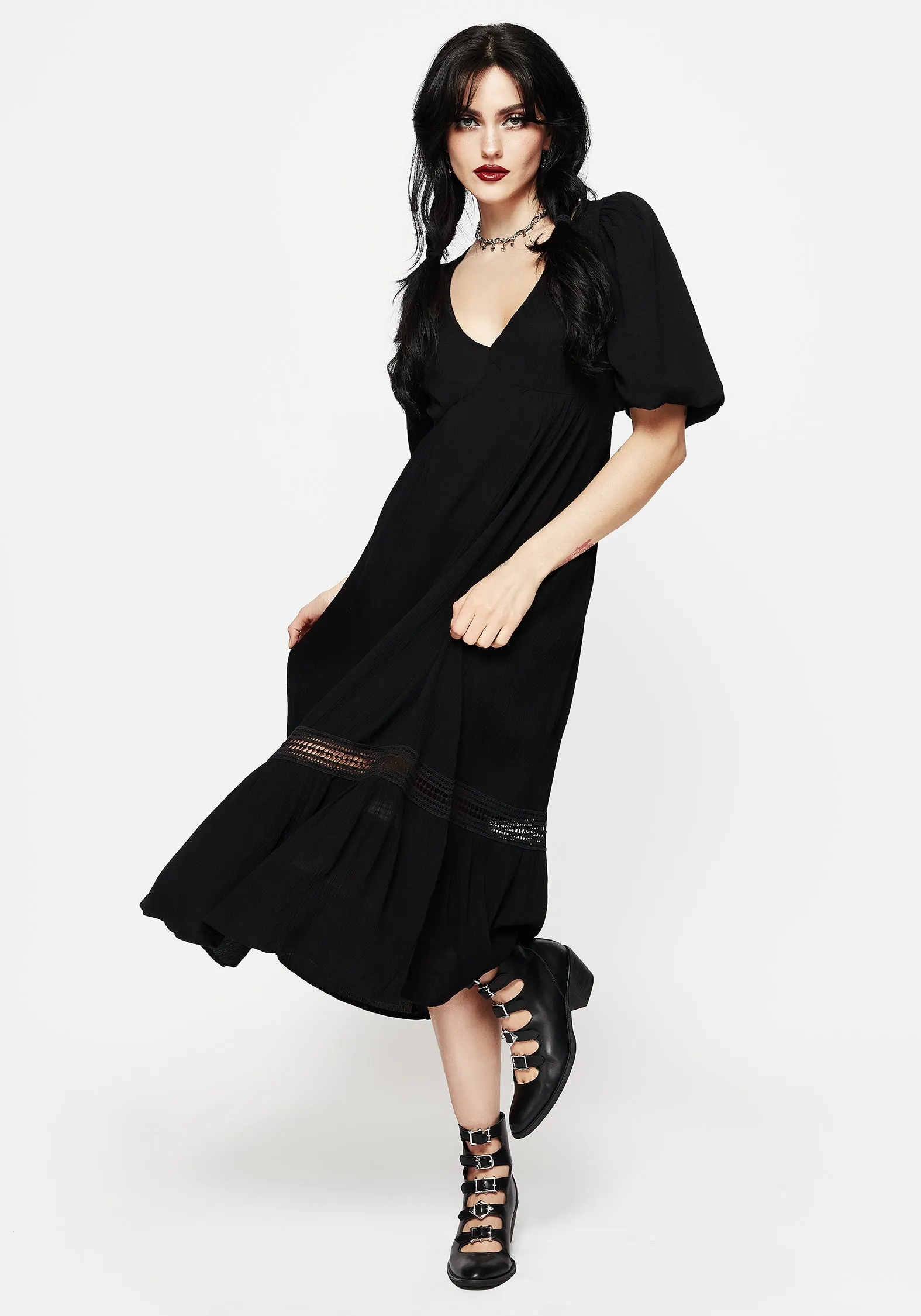 Calm Fit Mirage Lace Insert Puff Sleeve Maxi Dress