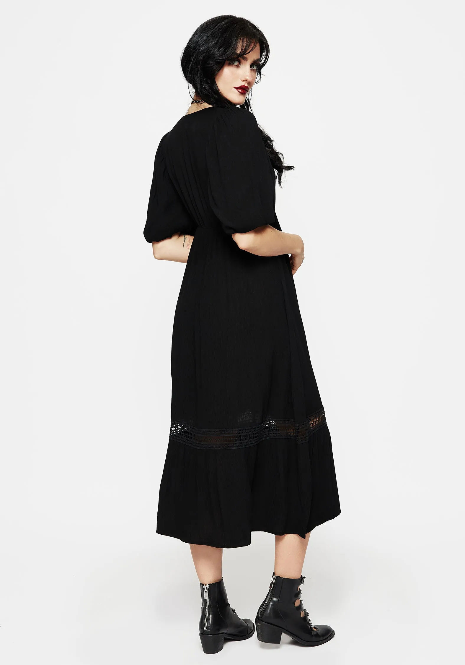 Subtle Flow High-Neck Mirage Lace Insert Puff Sleeve Maxi Dress