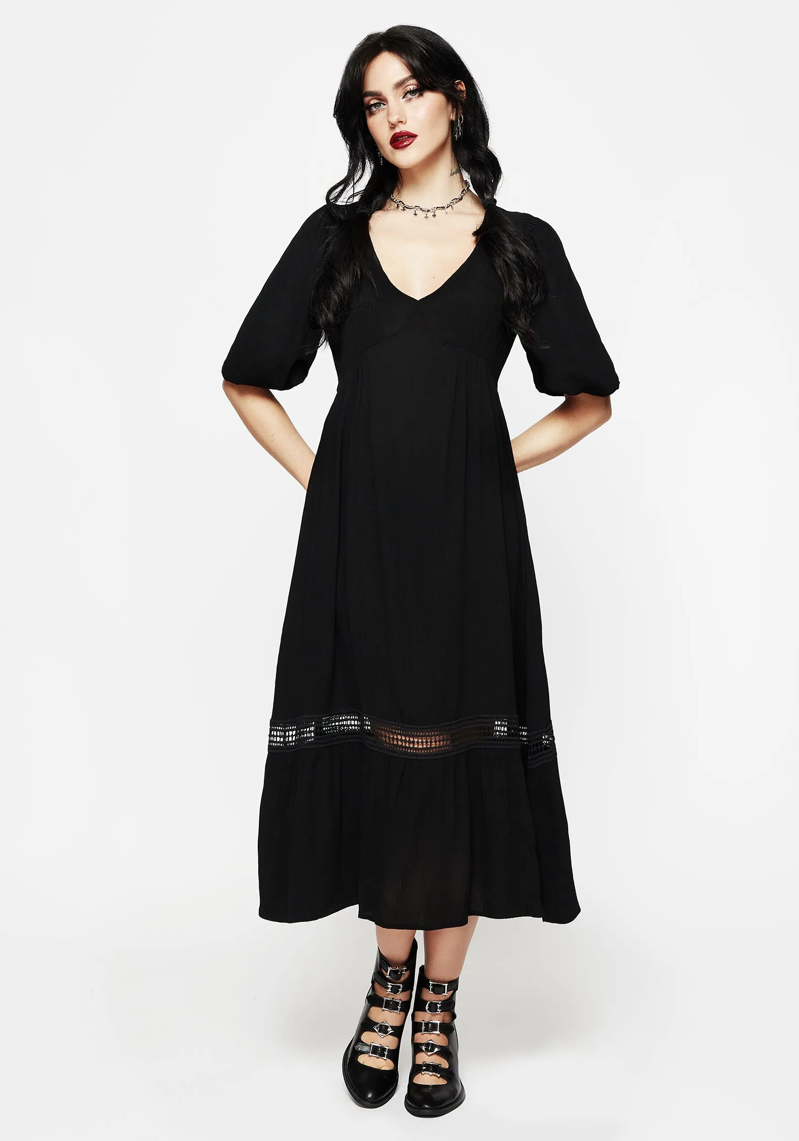 Morning Glow Trendy Appearance Mirage Lace Insert Puff Sleeve Maxi Dress