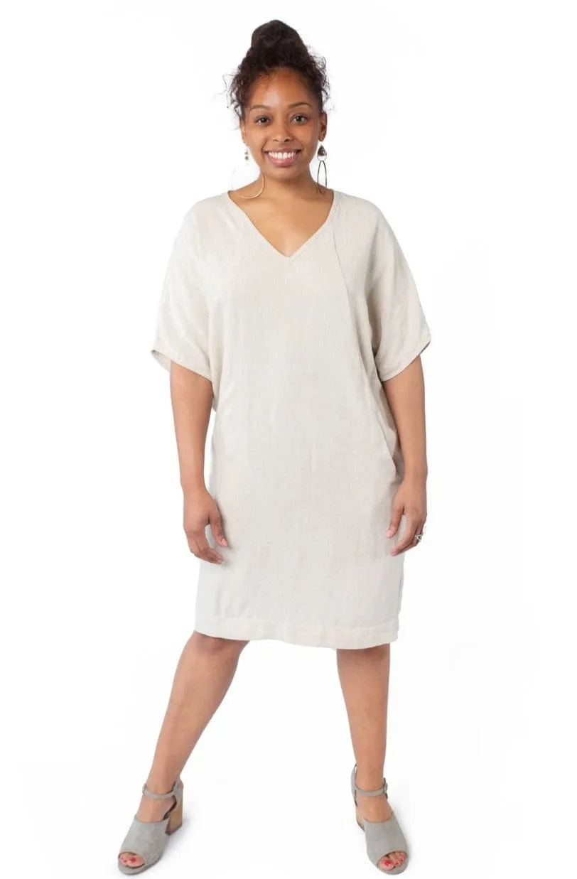 Cocoon Dress in Oat Linen Sage Detail Flow Sleeve