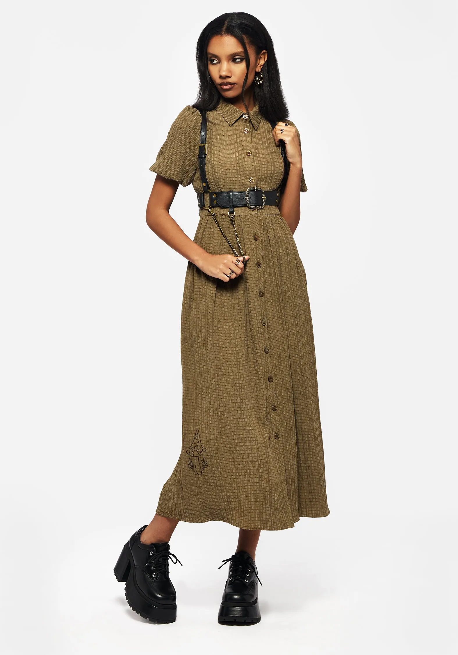 Ramaria Embroidered Puff Sleeve Button Up Midaxi Shirt Dress Trendy Layering Back Detail